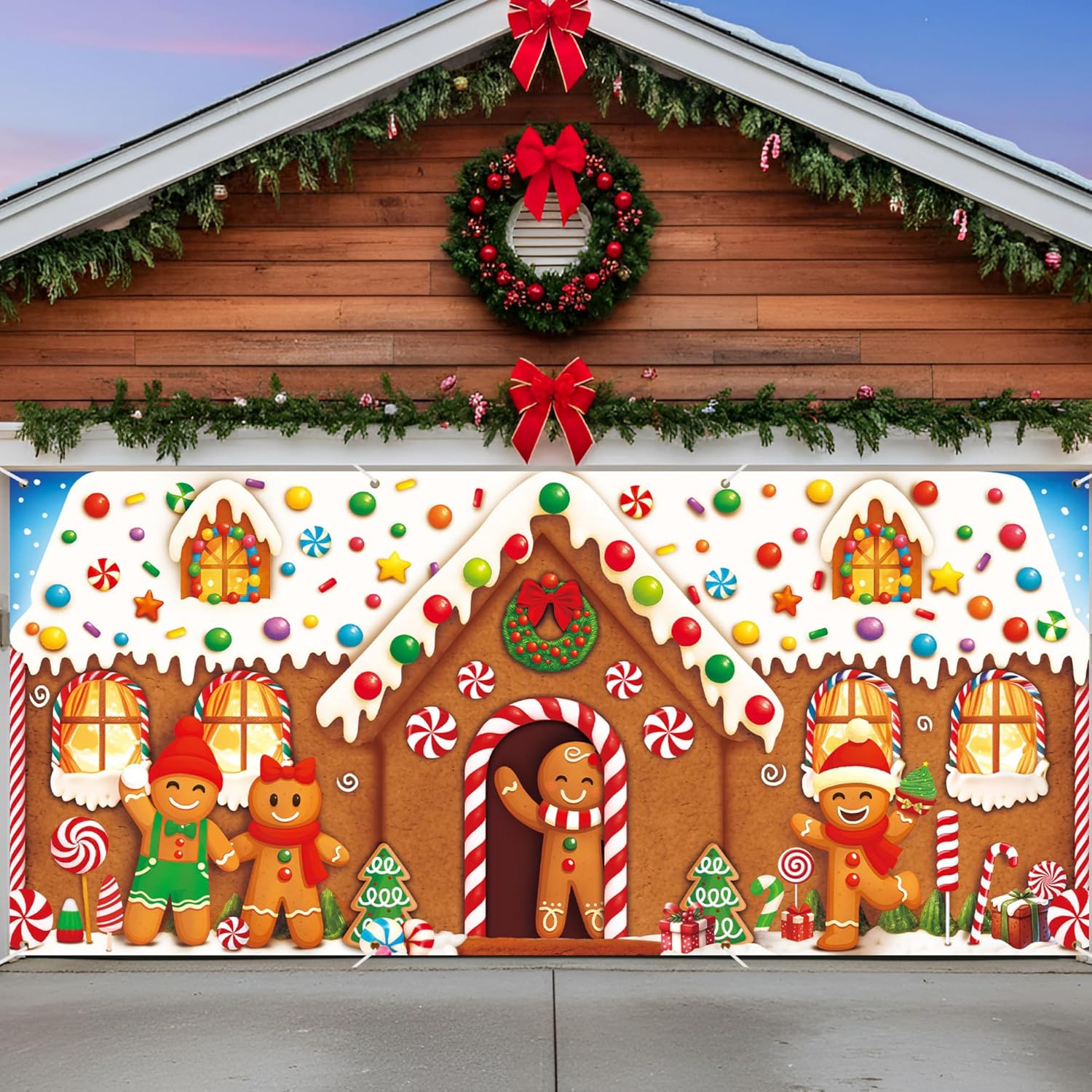 HunnmingRe Christmas Garage Door Banner Decoration Magnetic Double Garage Door Covers Large Xmas Backdrop Decorations for Holiday Indoor Outdoor Party Decor(16 x 7 ft,Gingerbread House)