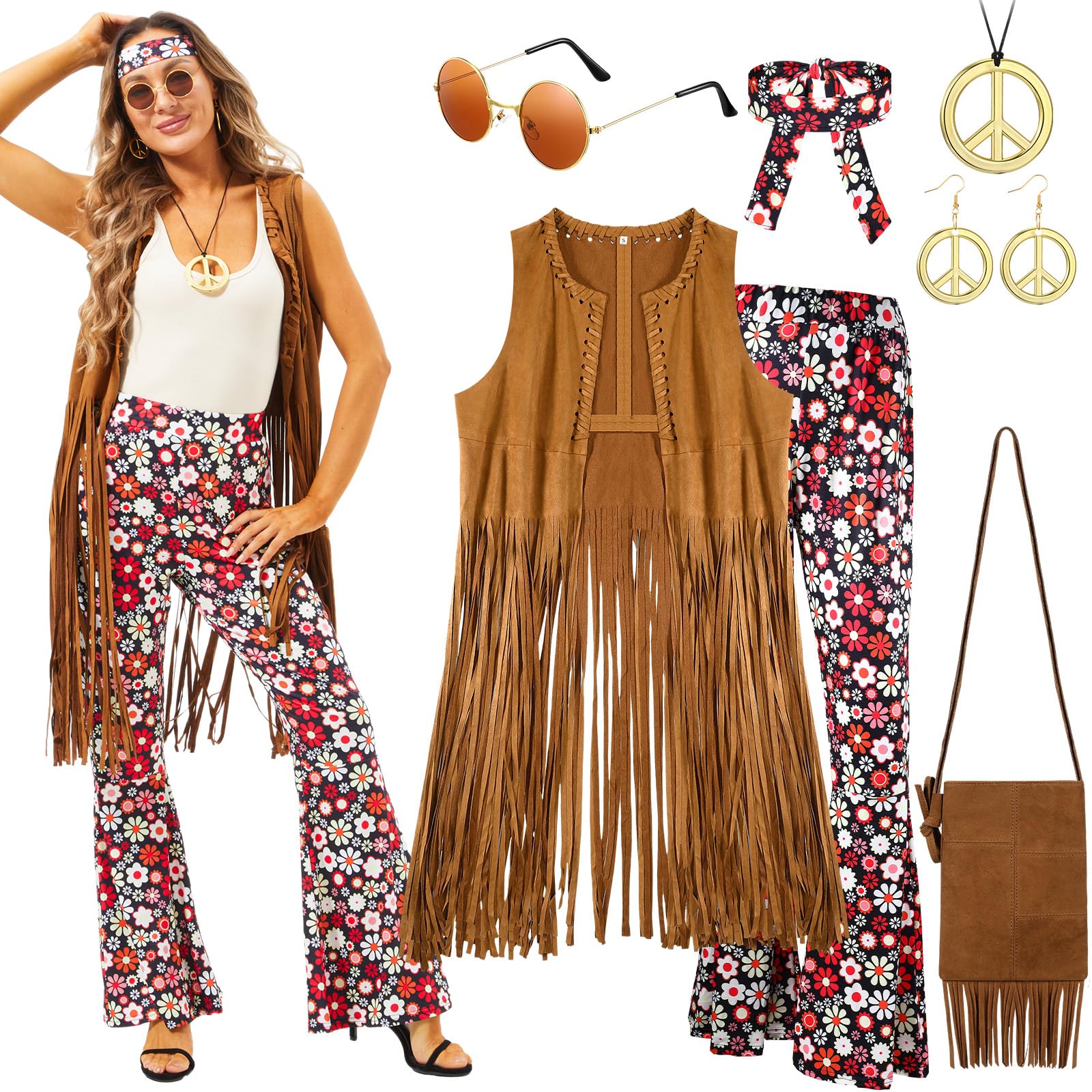 Hestya Set di Accessori per Costume Anni '60 Anni '70 Kit di Travestimento Hippie da Donna Gilet con Frange Pantaloni Svasati Borsa Fascia Fiori Occhiali da Sole Collana Pace per Halloween