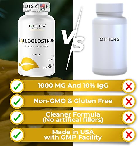 Miniatura 7 de Hallusa Natural Suplemento de calostro | 60 cápsulas, 1000 mg | Salud intestinal e hinchazón | 10% IgG Alta absorción | Defensa inmunológica,