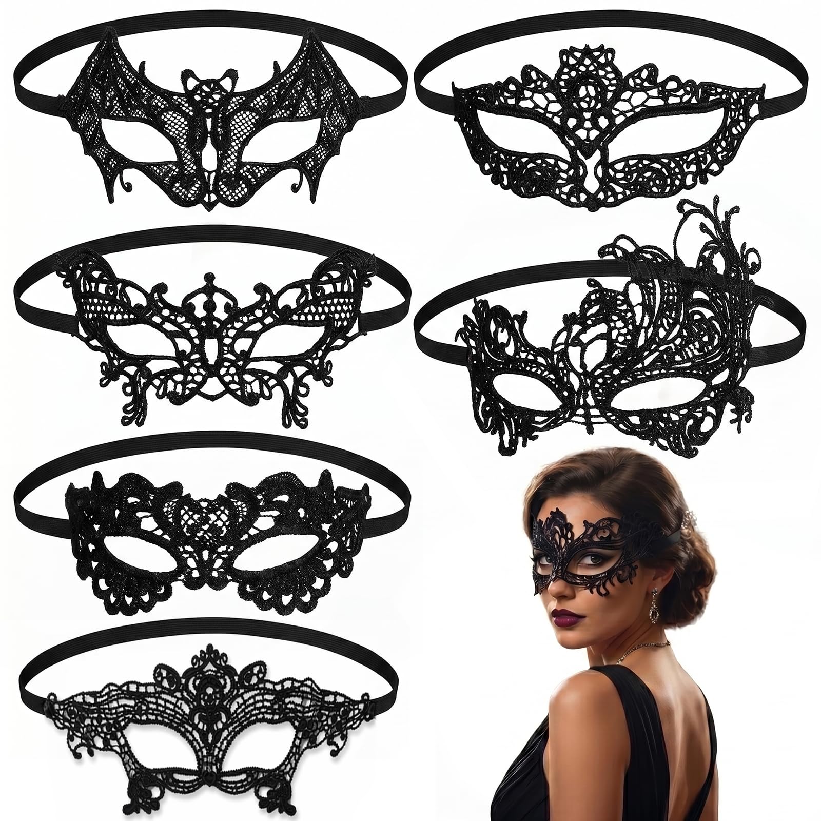 Solvio 6 Pcs Masquerade Mask for Women, Sexy Black Lace Venetian Masks Costume, Elegant Half Face Eye Mask for Halloween Carnival Prom Party