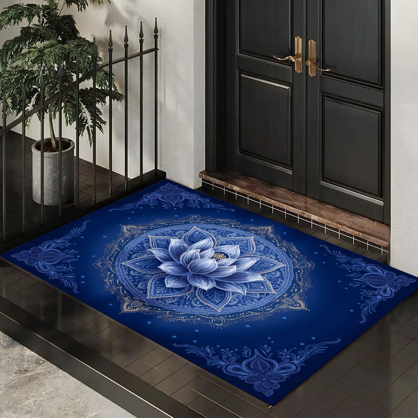 Tapis de porte antidérapant lotus bleu marine 60x90 cm pour une entrée propre