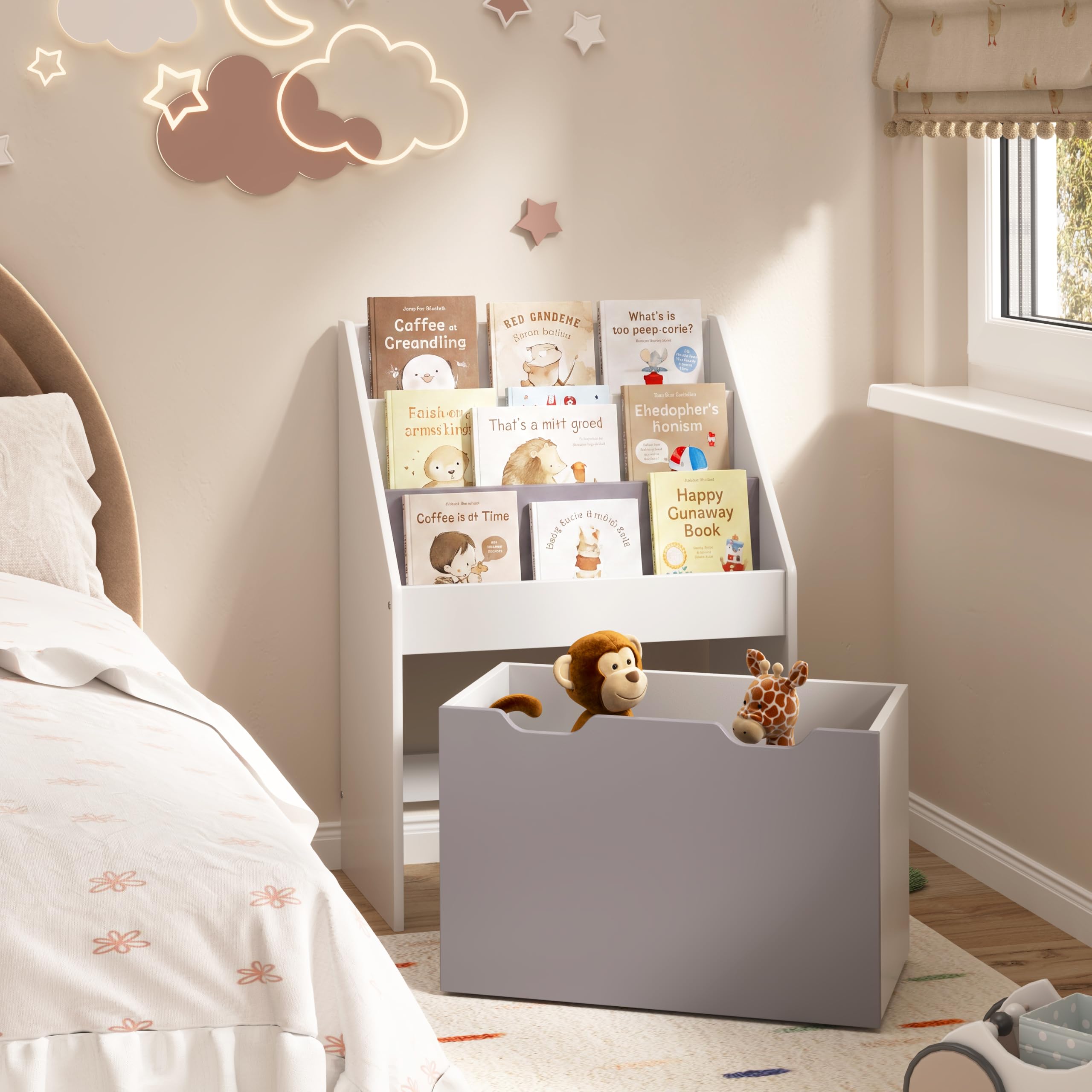 WOLTU Kinderregal Bücherregal Regal für Kinder, Spielzeugregal 3 Regale Aufbewahrungstruhe mit Räder, Baby Standregal aus Holz Mehrzweck Organizer für Kinderzimmer