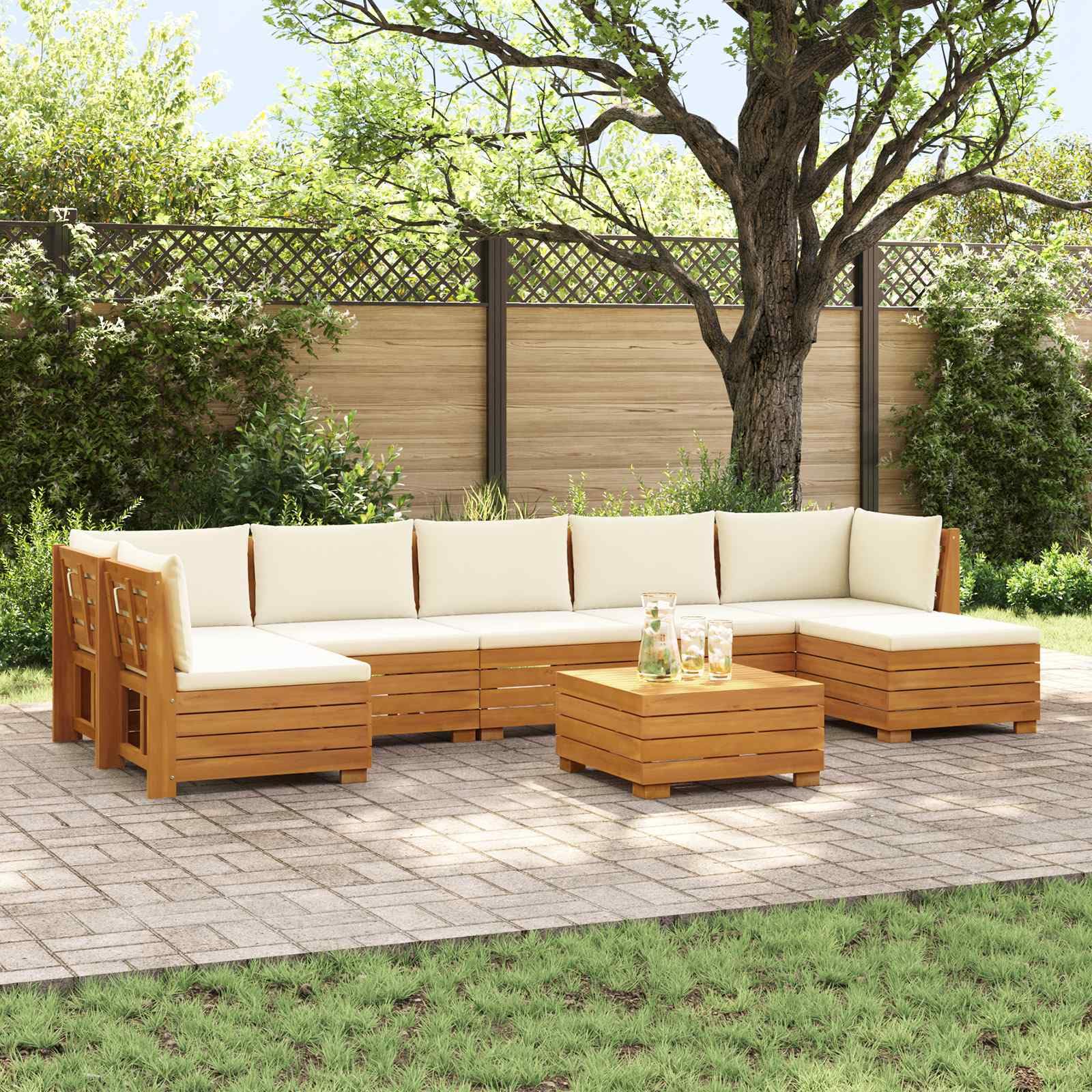 Juego de sofá modular de madera de acacia con 8 cojines marrón para jardín y patio