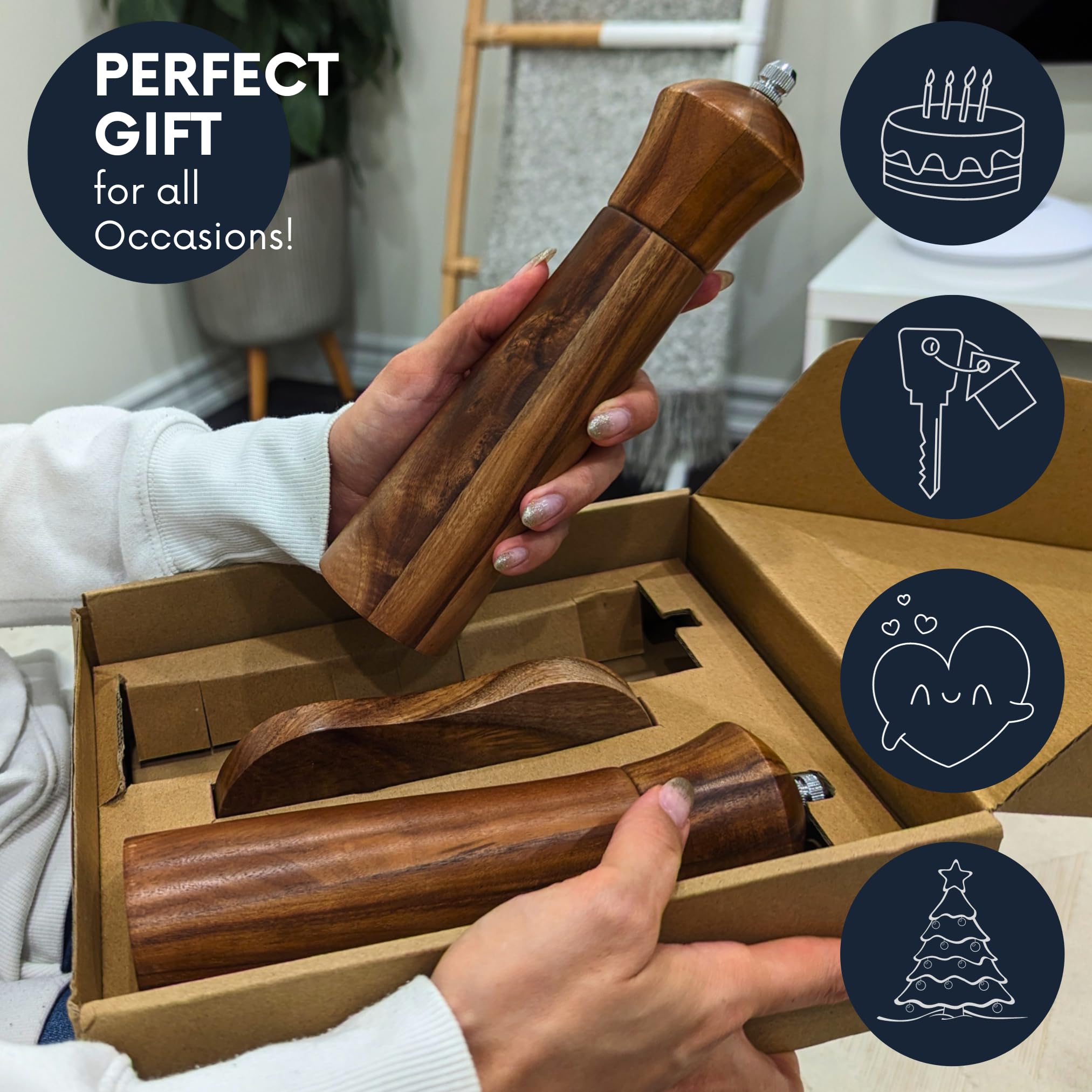 「正規品」GD EDC Seasoning Stick フィジェットトSS+木製 Wooden Salt and Pepper Grinders Set Mill with Tray, Premium Acacia