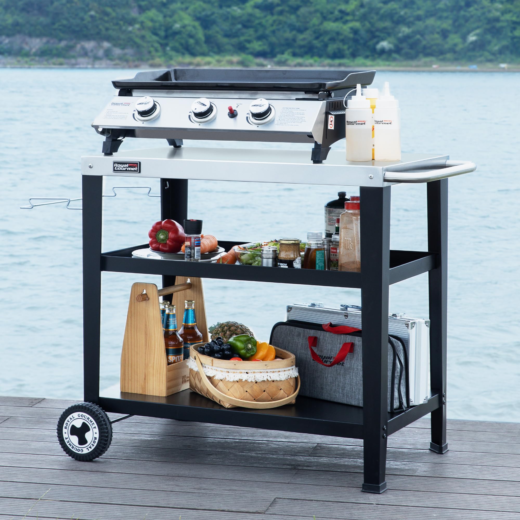 Royal Gourmet 3 estantes Postre para Plancha, Carro para Barbacoa con Plancha de Trabajo de Acero Inoxidable y Soporte de Bolsa de Basura Desmontable, Mesa 85 x 50 cm