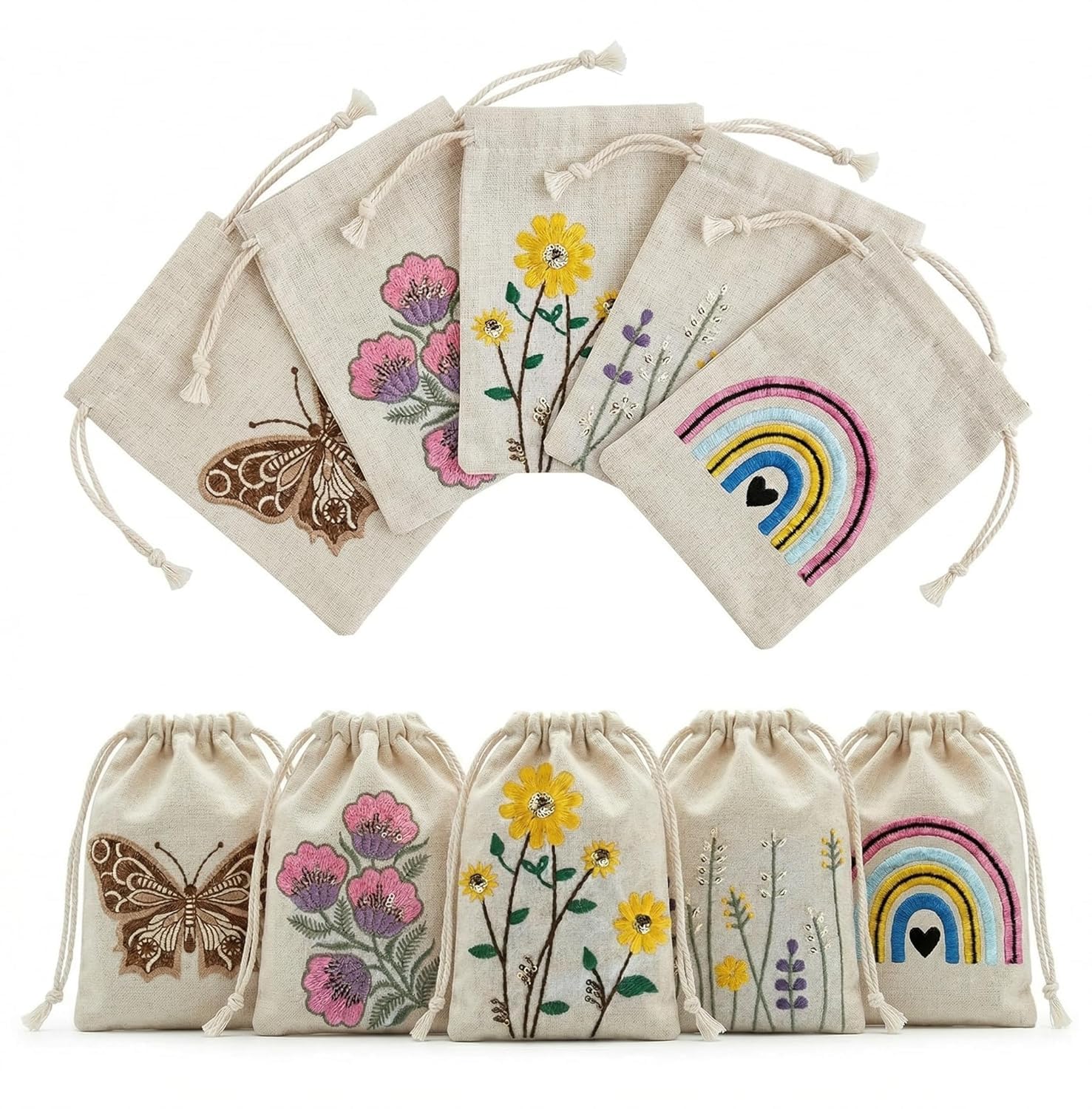 Handmade Embroidered Cotton Drawstring Pouch Bags – Jewelry & Makeup Organizer, Floral & Butterfly Designs, Gift Pouches for Women, Travel Storage Bags (10)-image-14