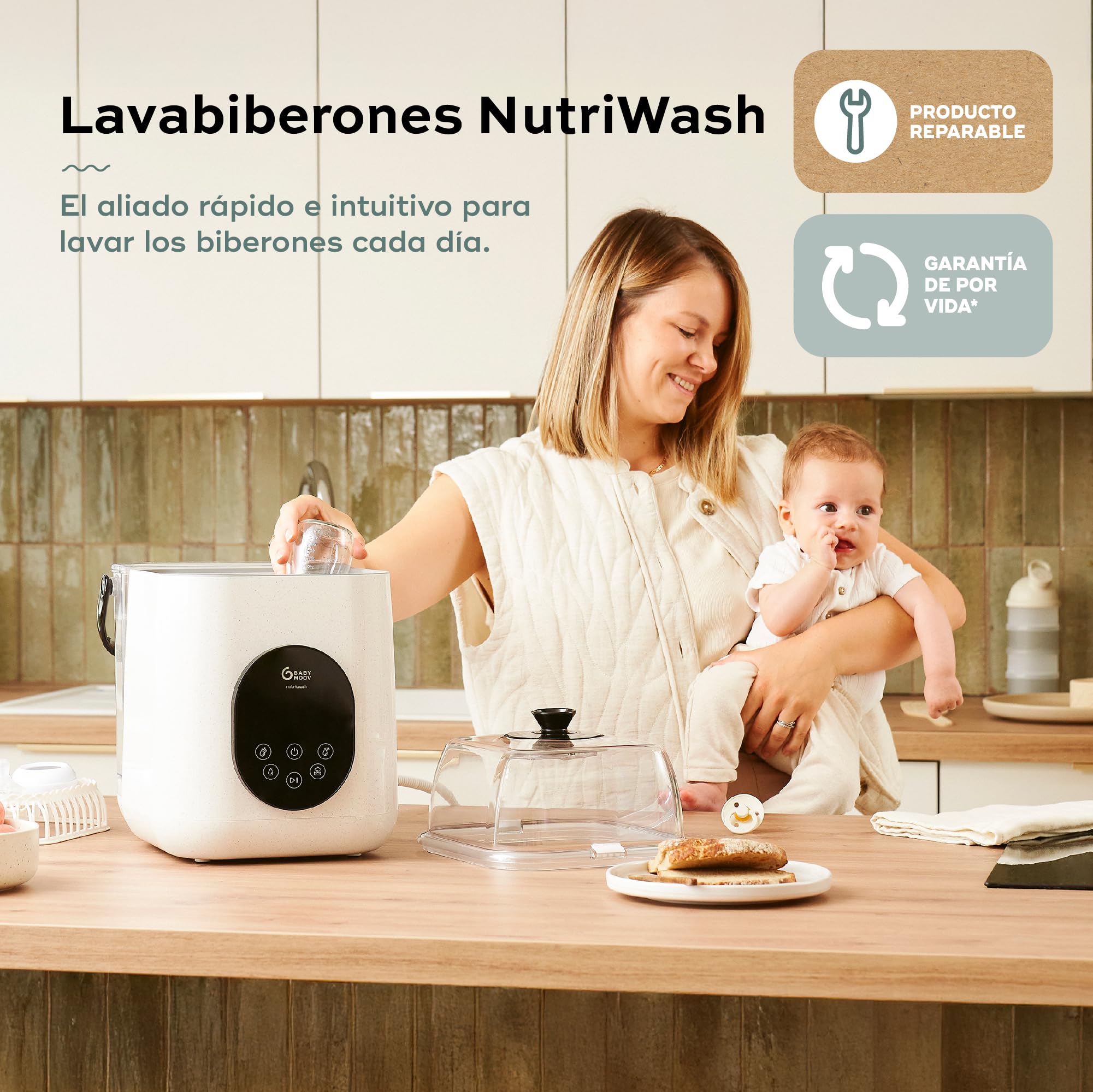 Babymoov Lavabiberones eléctrico NutriWash - Lava, esteriliza, seca y almacena - 11 programas rápidos a partir de 19 min - Compatible biberones y accesorios - Pantalla táctil - Garantía de por vida