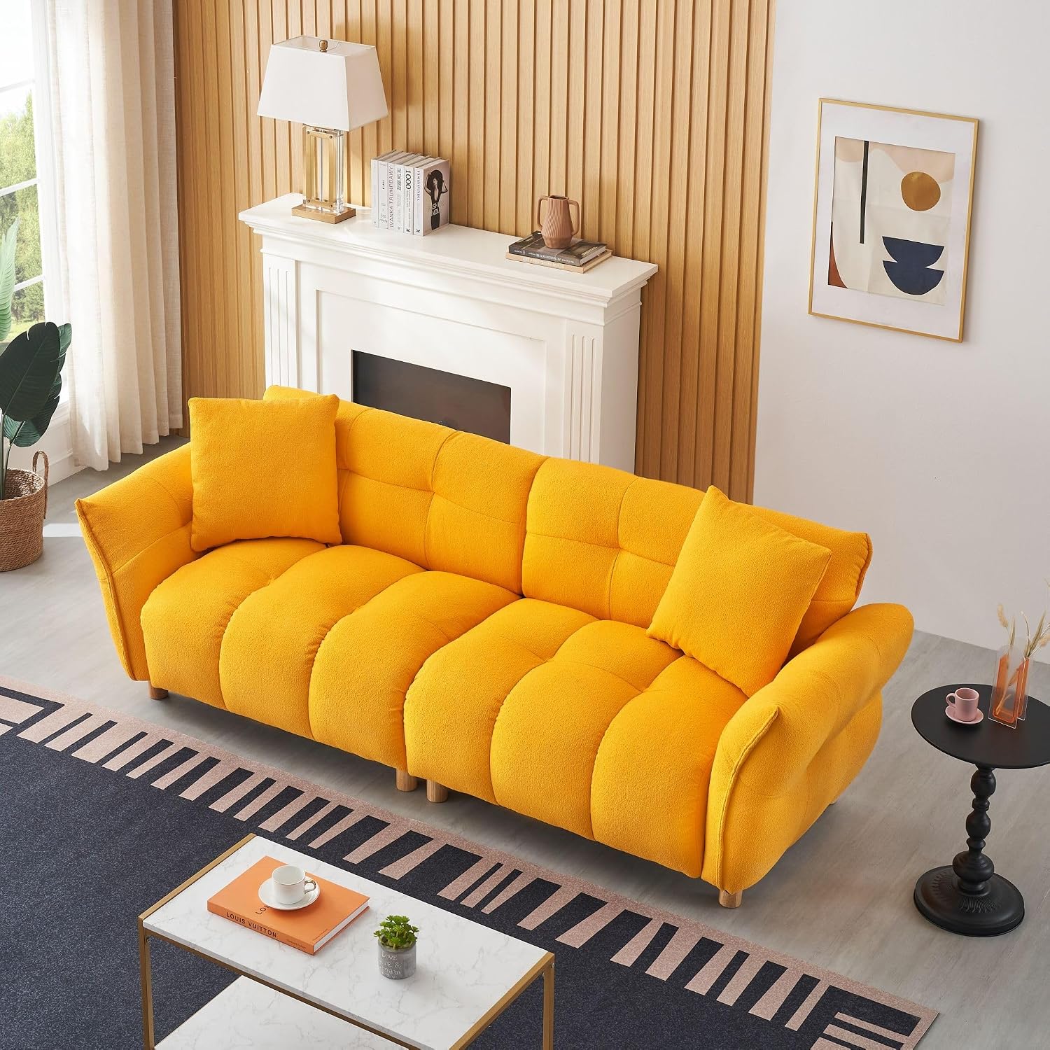 93.70" W Teddy Deep Seat Cloud Sofa with 2 Pillows, Modern Modular 3-Seater Sectional Couch with Wood Legs, Comfy upholstered Loveseat Furniture for Living Room, Bedroom, Apartment (Yellow)