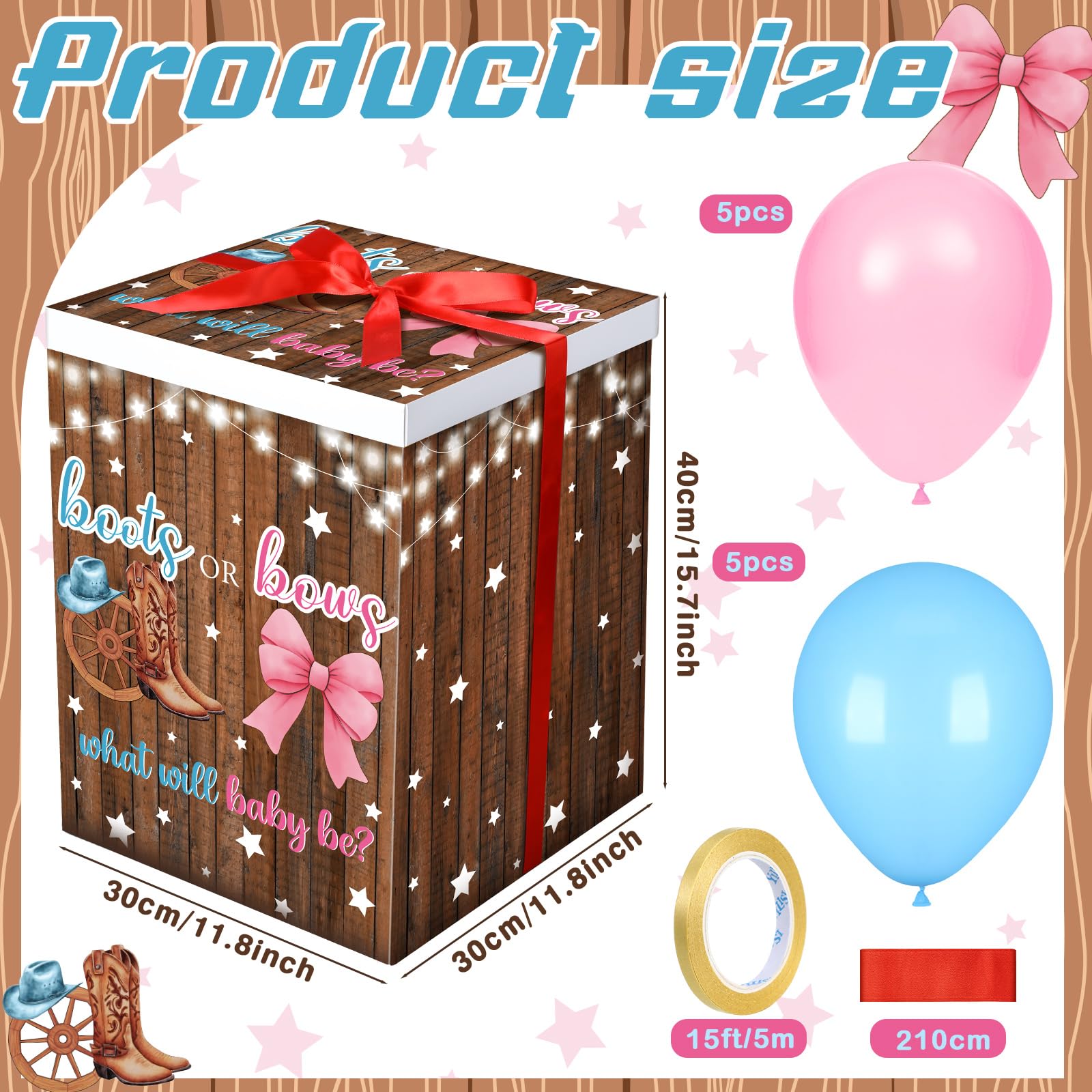 Hungdao Gender Reveal Balloon Box with Ribbon and 10 Pink and Blue Balloons Gender Reveal Games He or She Open to See for Party Decoration 12