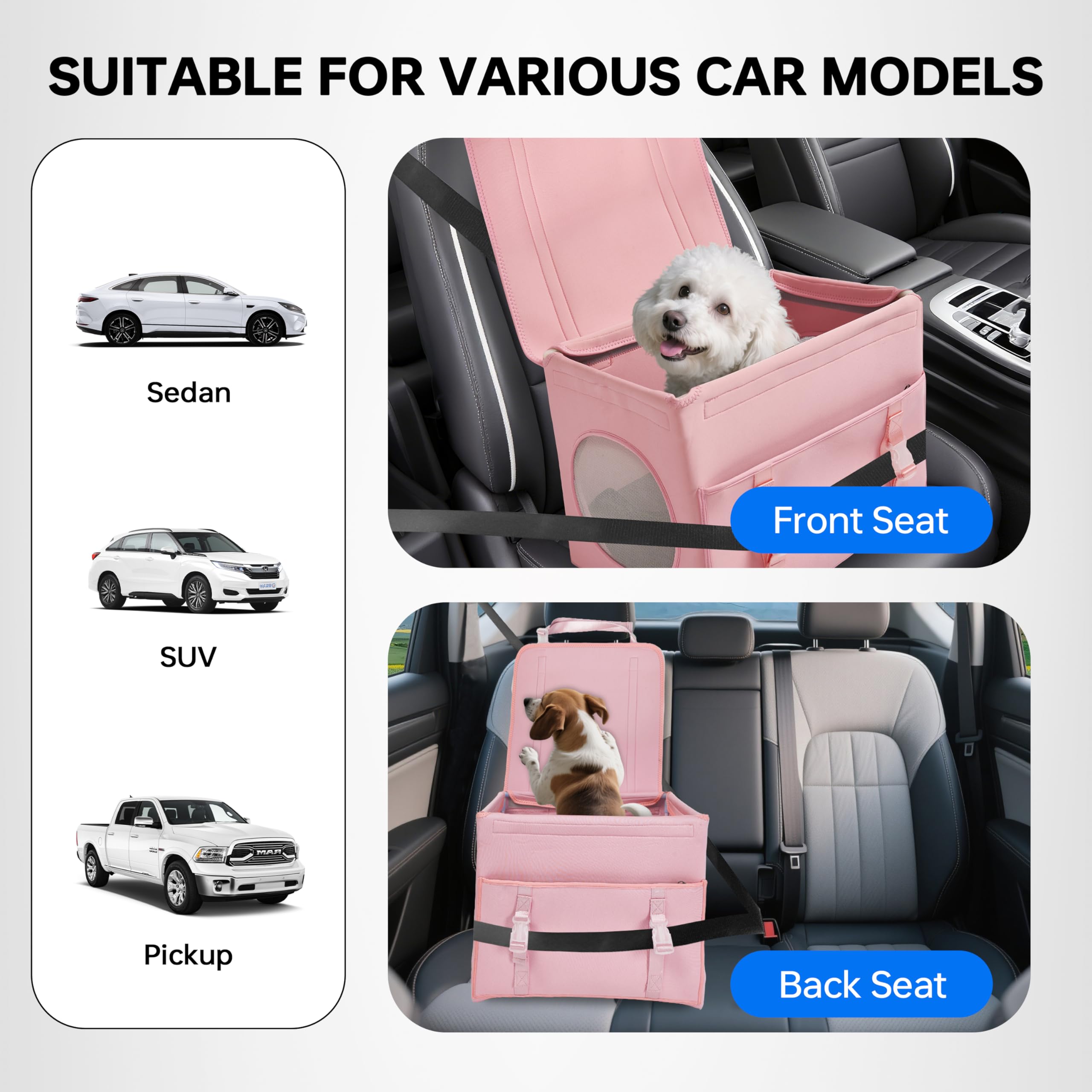 Dog Booster Car Seat with Washable Removable Cover for Small Dogs up to 13 lbs,Fits Car Truck SUV.(Pink) - image 6