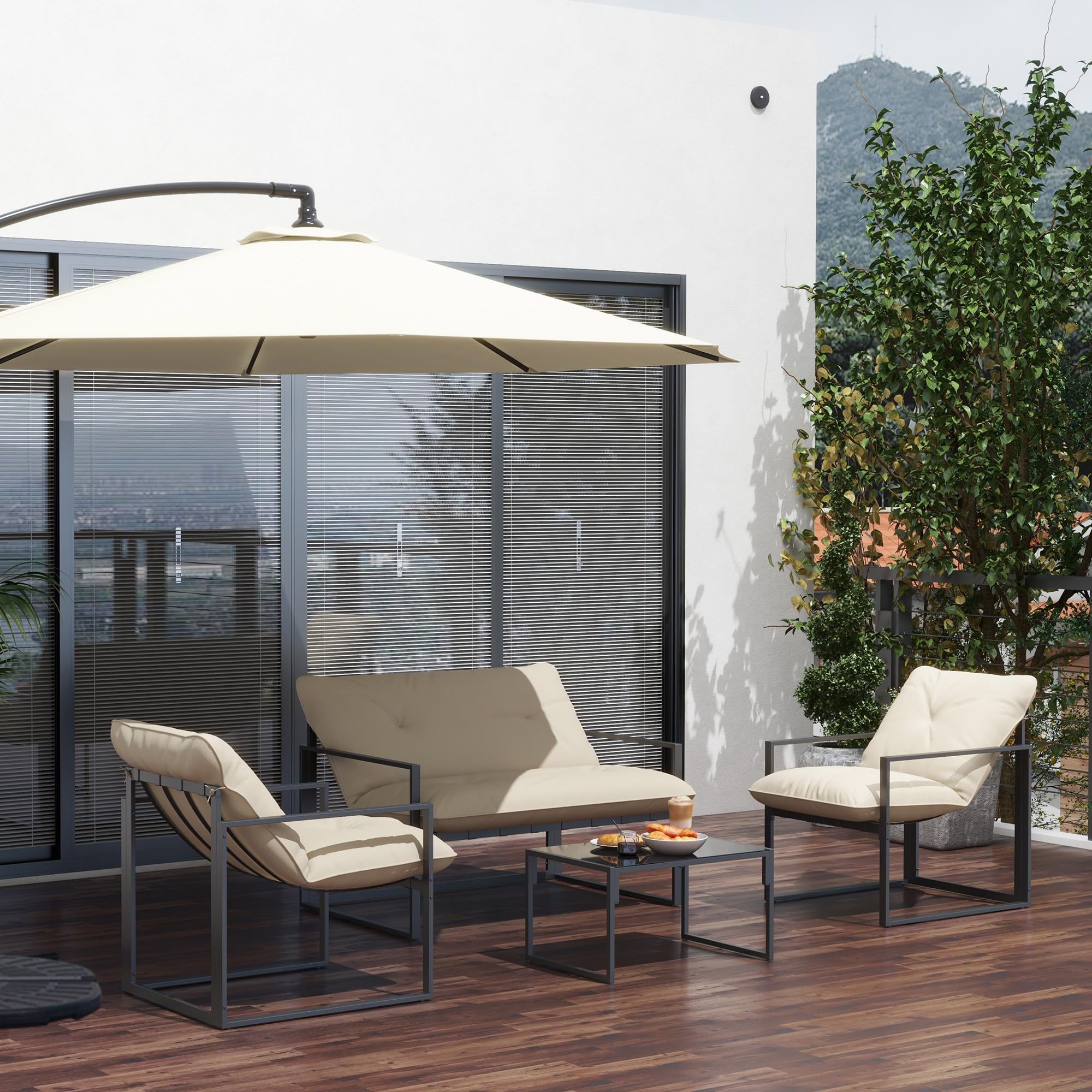 Outsunny Gartenmöbel Set Stahl Wetterfest Balkonmöbel-Set Grau+Beige | 4 Personen, 2er Sofa, Sessel, Glastisch, Sitzkissen, Outdoor Sitzgruppe, Terrassenmöbel, Gartengarnitur