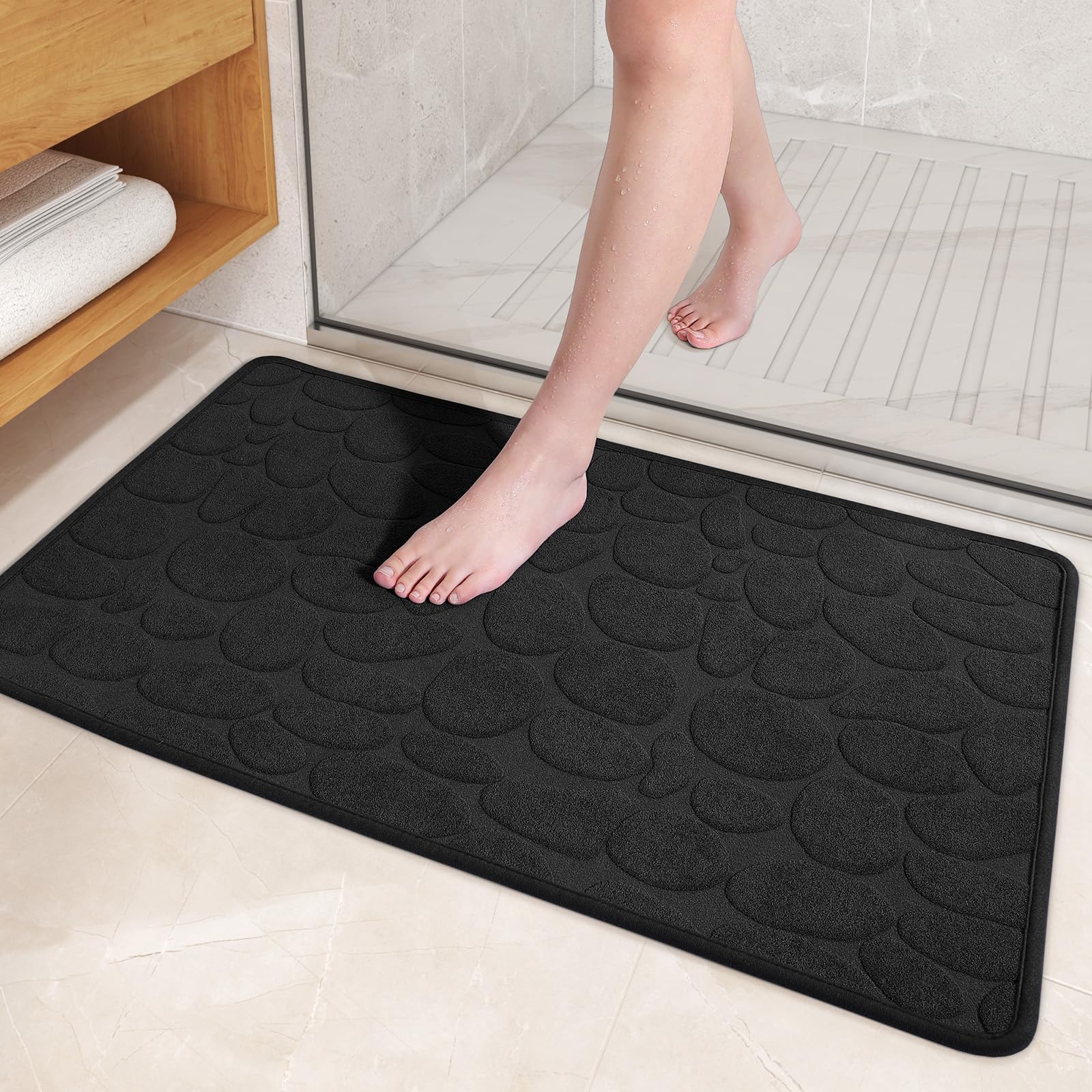 Color&Geometry Quick Dry Thin Bathroom Rugs Fit Under Door- Super Absorbent, Non Slip Rubber Backing, Non Shedding, Washable Black Bath Mat- 16"x24" Small Bath Mats for Bathroom Floor