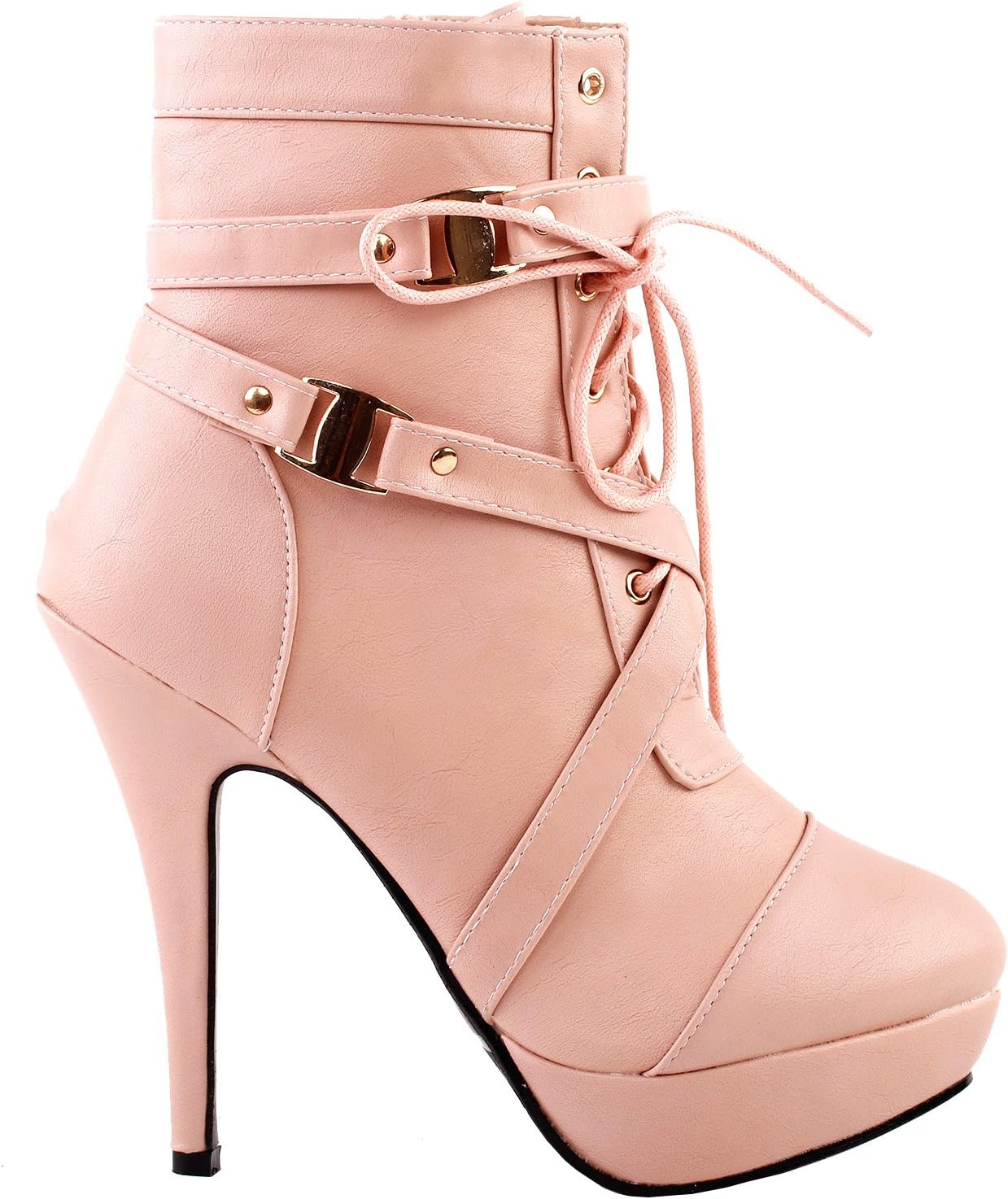 SHOW STORY Baby Pink Buckle Strappy High Heel Stiletto Platform Ankle Boots,LF30470BP38,7US,Baby Pink