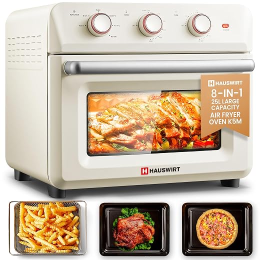 Hauswirt K5M Air Fryer Toaster Oven Combo, Retro XL Large Oven 3-4People, Air Fryer Oven with Rotisserie Kit, 26.5QT 6-slices Toast 12" Pizza, Bake Toast Broil,1600W 190°F-450°F,Non-Stick,Cream White