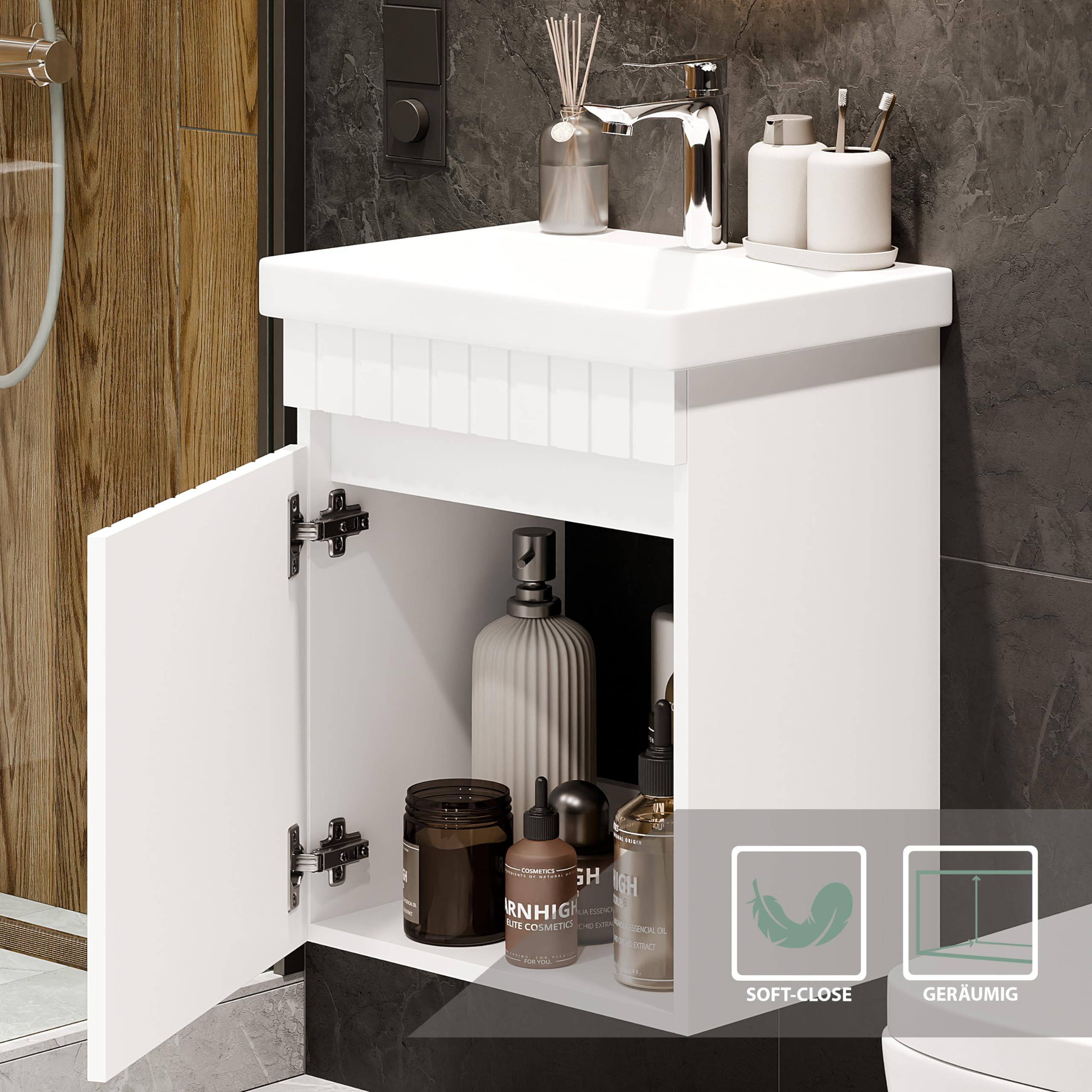 Planetmöbel Cosmia Badmöbel Set Waschbecken mit Unterschrank 50 x 60 x 35 cm Weiß, Keramik Waschtisch mit Tür