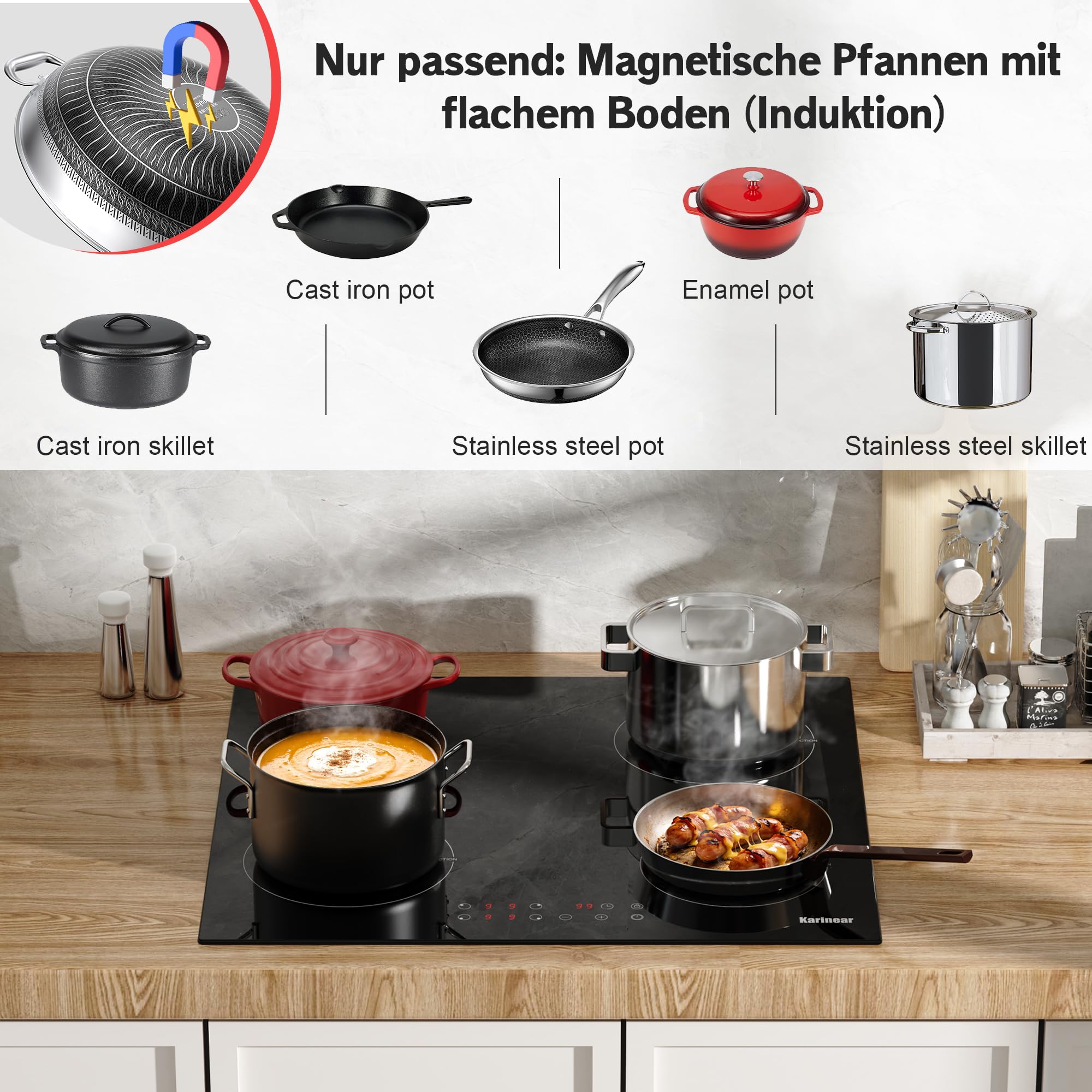 Karinear Induktionskochfeld 60 cm 4 Platten, 3500W 9 Leistungsstufe, Timer, Kindersicherung, 220-240V