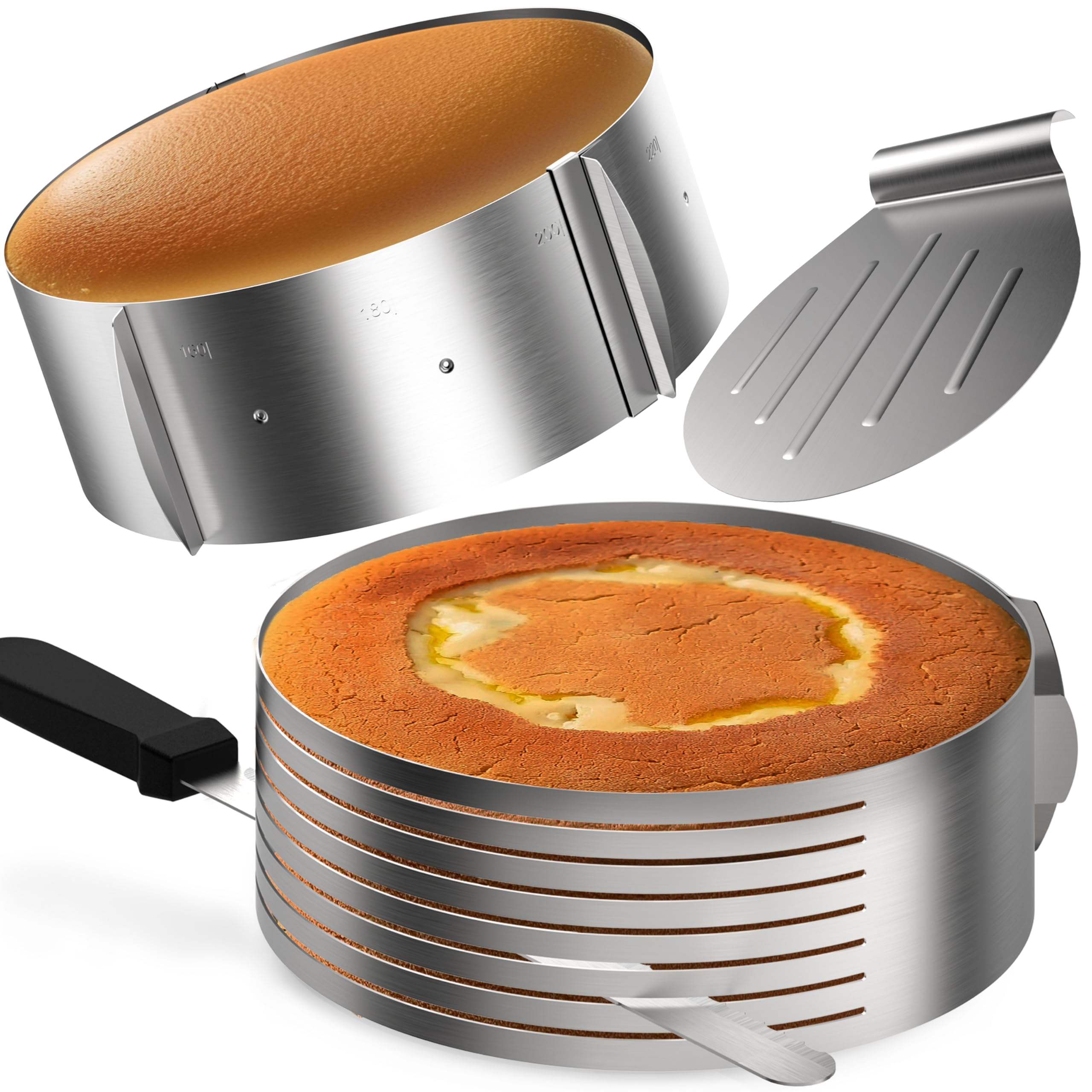 Menz Tortenzubehör - Torten Schneidehilfe aus Edelstahl, praktisches Kuchenschneidehilfe Set mit Tortenboden Schneidehilfe Ring, Konditormesser, Tortenheber B0CD29N6HX