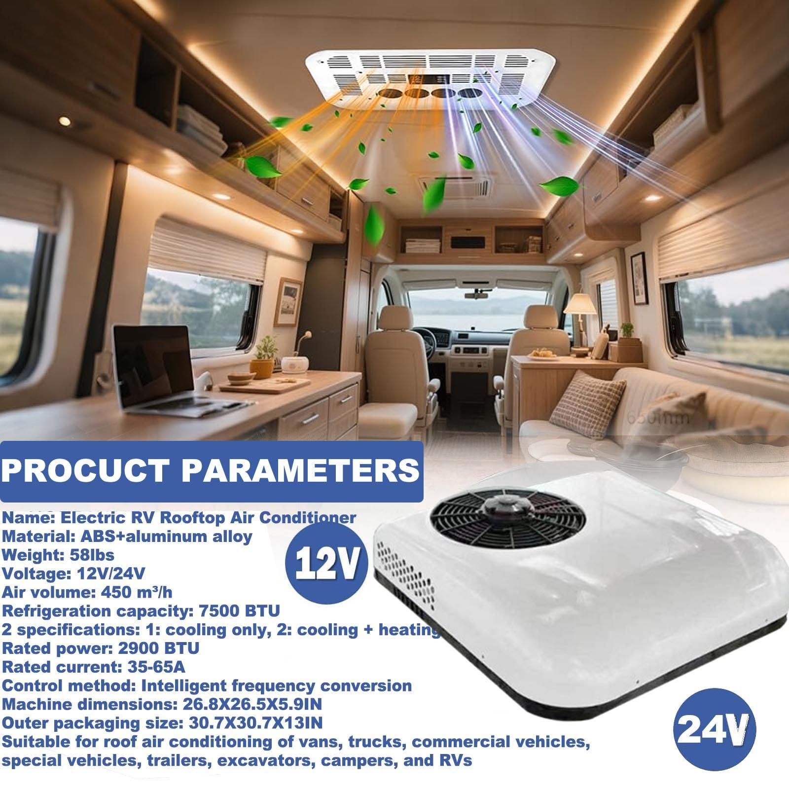 Aire Acondicionado De Techo para Autocaravanas 850w,12V/24V (RefrigeracióN/RefrigeracióN + CalefaccióN), para Minivans, Caravanas, Camiones,Autocaravanas,Excavadoras,WhiteCool24v
