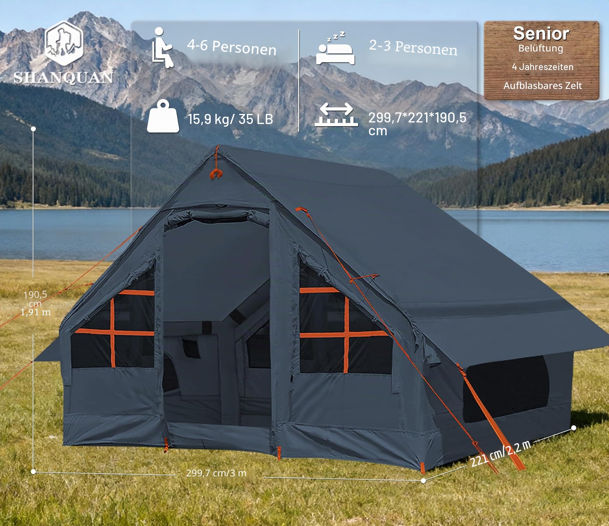 SHANQUAN Aufblasbare Zelte für Camping mit Ofenanschluss, 2/4/6/8 Personen, einfach aufzubauende aufblasbare Zelte für alle Jahreszeiten, wasserdichtes aufblasbares Warmzelt, Air-Glamping-Zelt