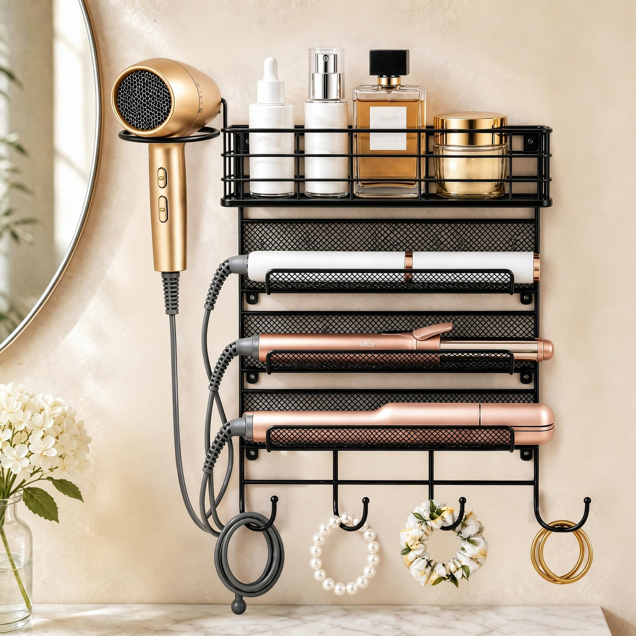 Wall-Mounted Hair Dryer Holder Styling Tool Organizer 4-Shelf Storage Wire Basket with Hook Heat Safe Rack for Hair-Straighteners,Curling Wands,Flat Iron,Perfume,Cabinet Door Bathroom Kitchen