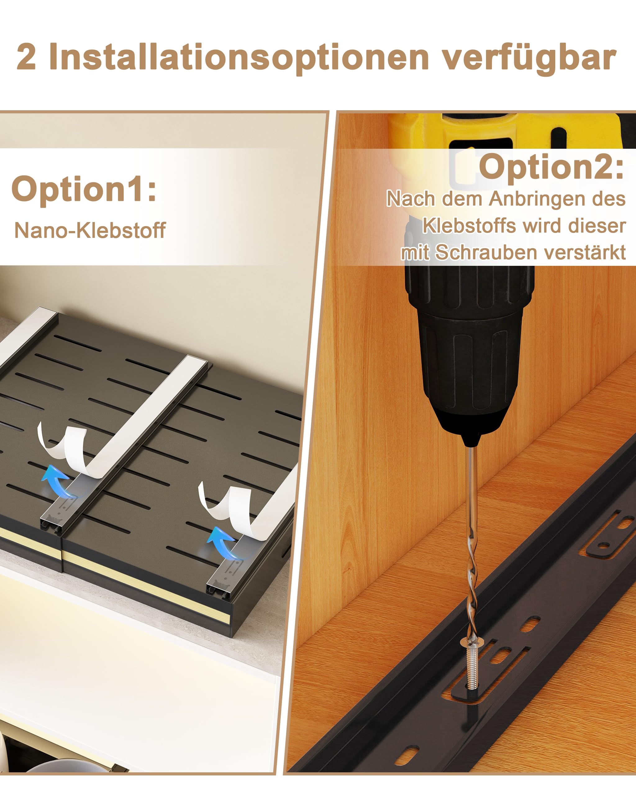 UMDONX 2 Pack Ausziehbare Schublade Küche Organizer mit Kleber, Teleskopschublade Erweiterbar Schrank Aufbewahrung Einstellbare Kitchen, Metall, Schwarz