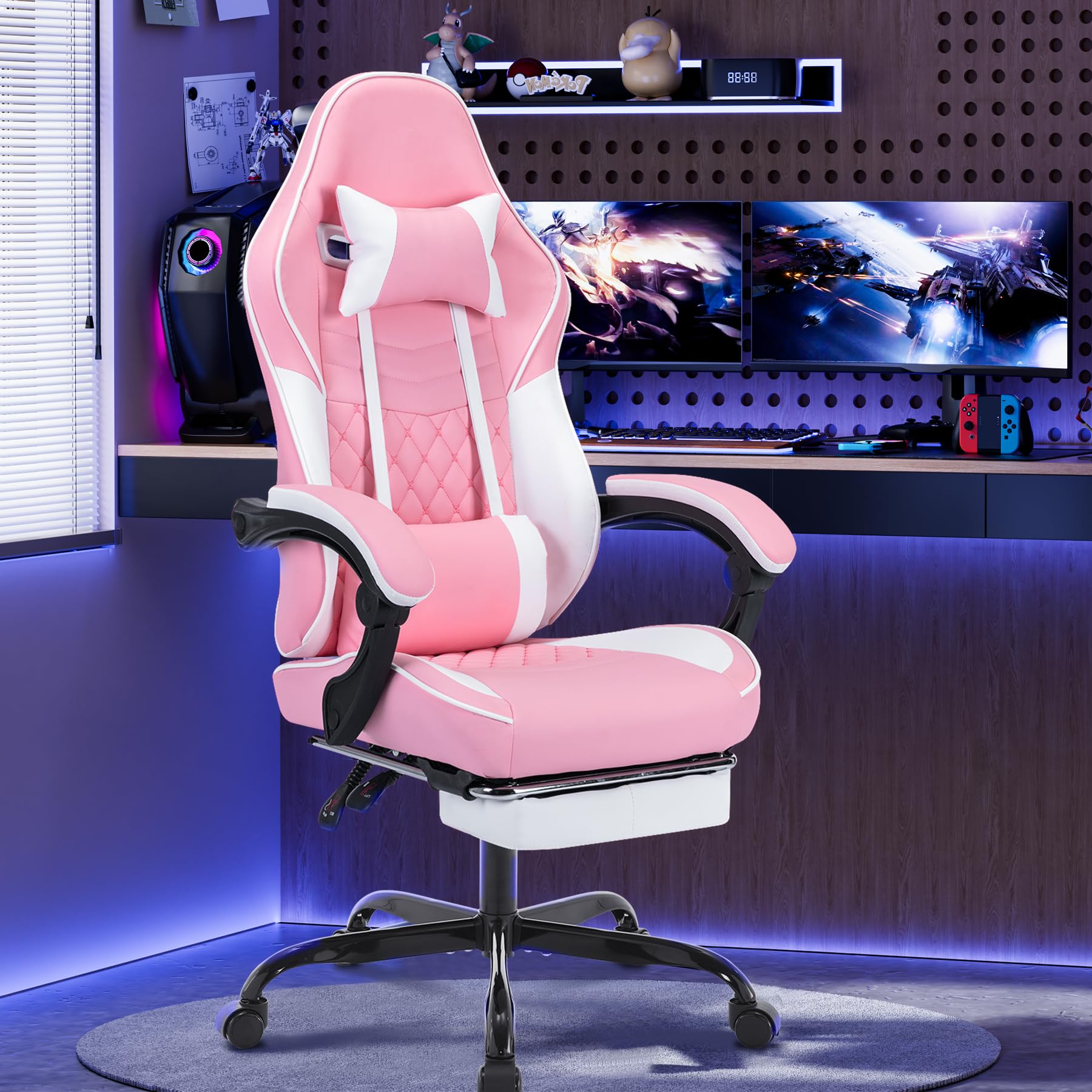 Gaming Chair with Footrest, High Back Ergonomic Computer Chair, Height Adjustable Game Chair with Headrest and Lumbar Support for Office or Gaming (Pink with Massage)