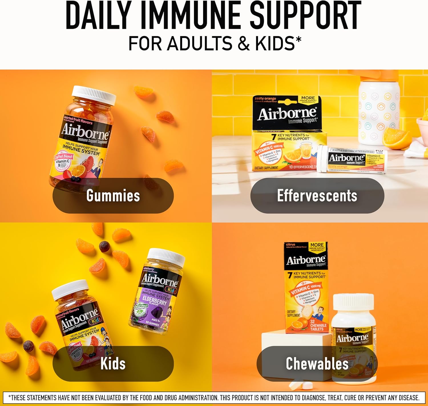 Airborne Vitamin C 750mg (per Serving) Zesty Orange Flavored Gummies (63 Count in a Bottle), Gluten-Free Immune Support Supplement with Vitamins A C E, Selenium, Echinacea & Ginger