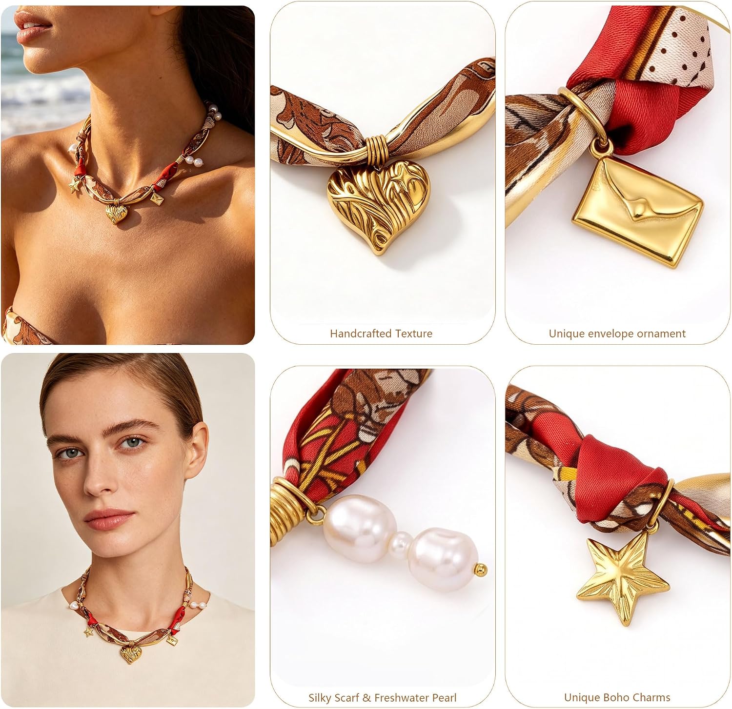 Heart Charm Vintage 18K Gold Plated Scarf Necklace for Women