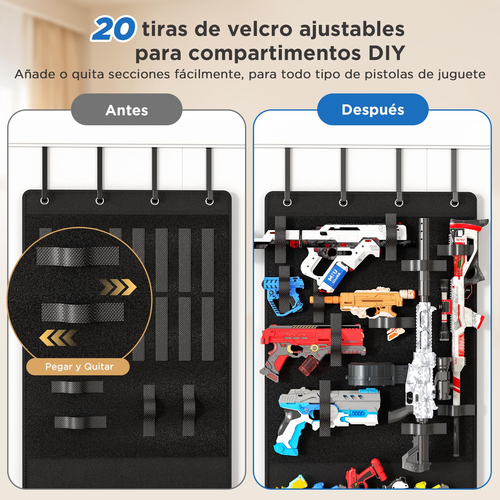 Organizador de puerta para pistolas de juguete, con bolsillos y correas velcro ajustables, para blasters de espuma, dardos, gafas – ahorrador espacio para habitación infantil y sala de juegos