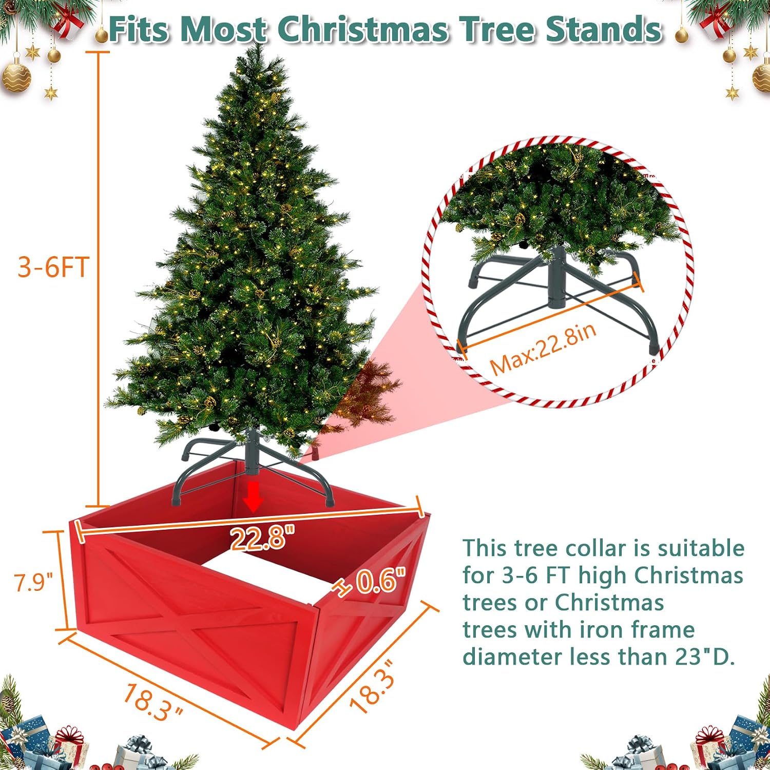 Wooden Tree Collar 22in, Christmas Tree Collar Vintage 4 Panels, Red Tree Collar Box 100% Solid Wood Disassemble with X-Pattern for Christmas Tree Decoration