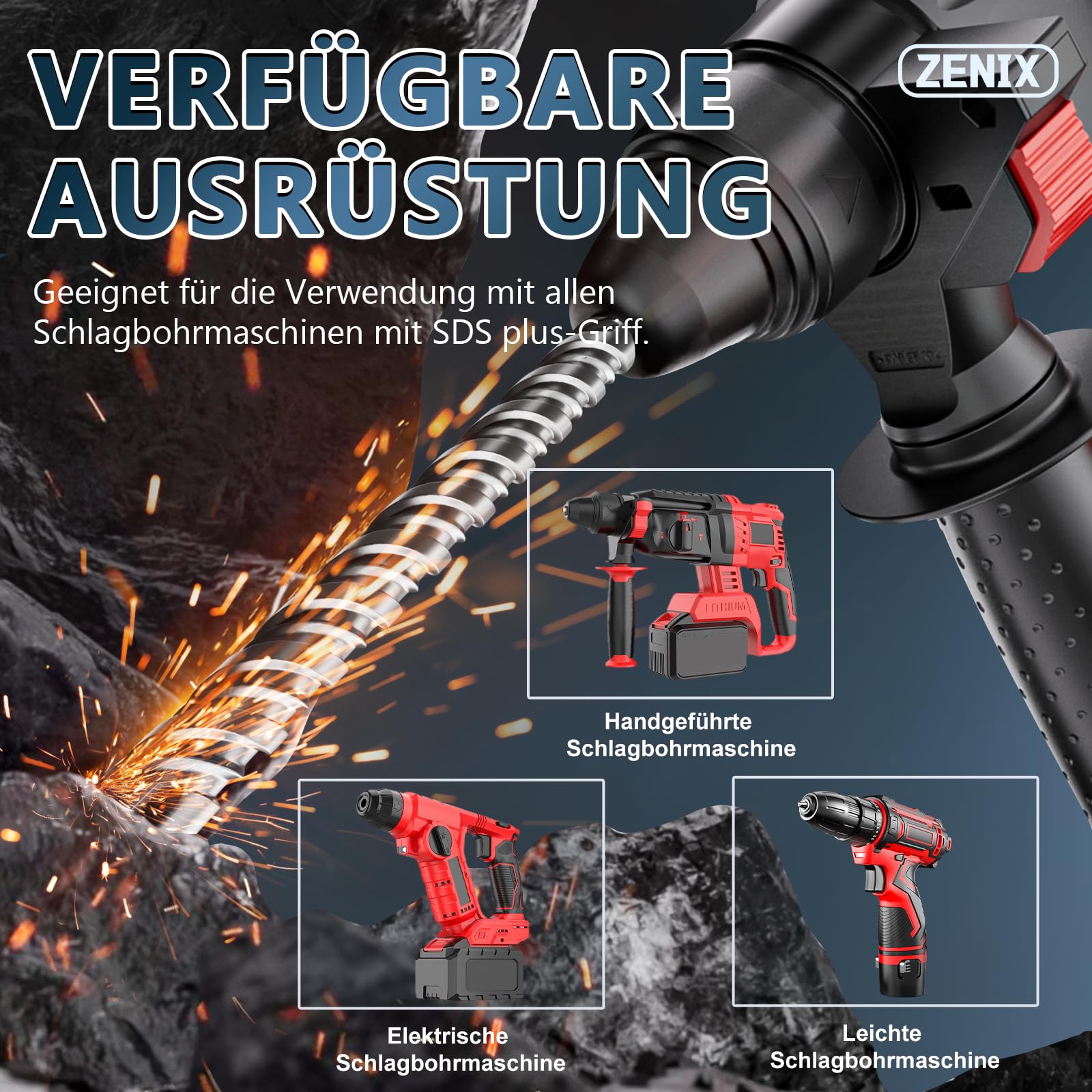 ZENIX SDS Plus 14 x 310 mm - Punta professionale per calcestruzzo con 4 taglienti - Ideale per pietra, pietra naturale, muro di mattoni e cemento armato