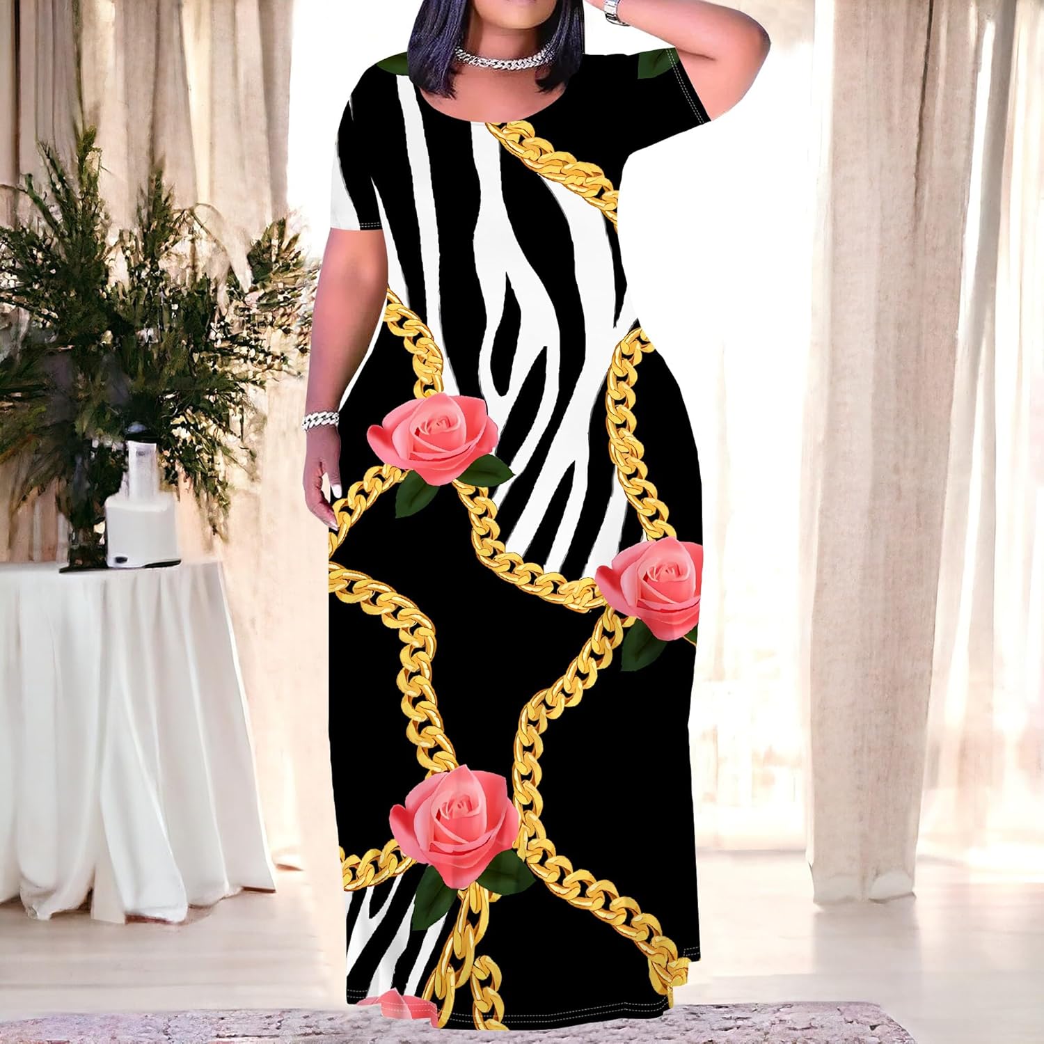 Plus Size Maxi Summer Dress for Women Vacation Outfits Round Neck Long Loose A Line Dress - Image 2