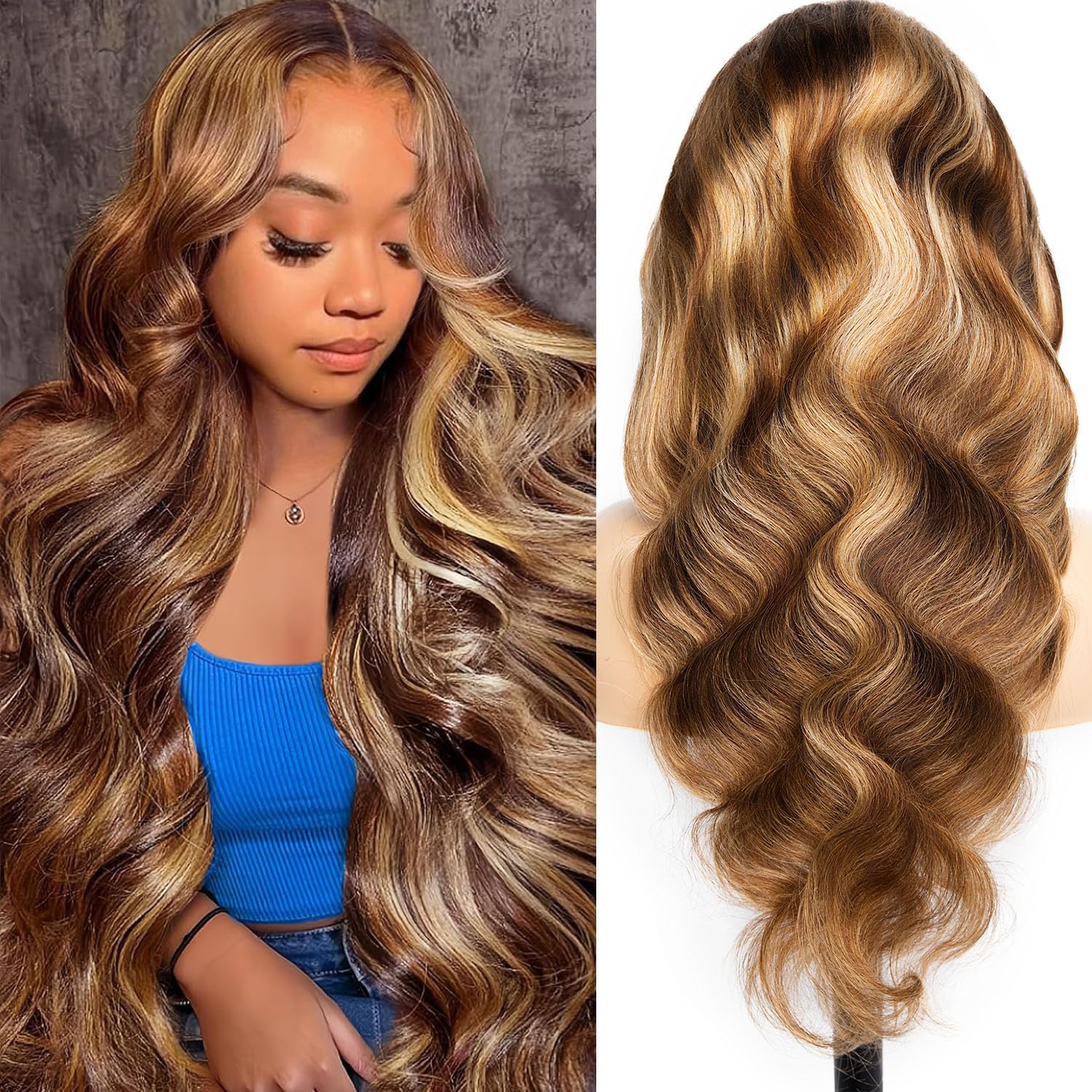 Ombre Highlight Lace Front Wigs Human Hair Pre Cut 5X5 Glueless #4/27 Honey Blonde Body Wave Wigs for Women Pre Plucked with Baby Hair Lace Closure Wig with Drawstring 200% Density 28 Inch
