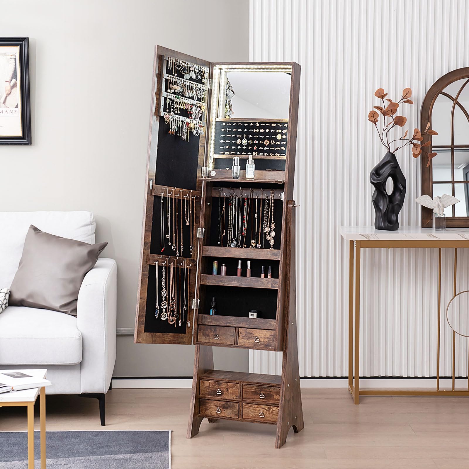 COSTWAY Schmuckschrank mit Spiegel, Spiegelschrank mit Beleuchtung, Schmuck Organizer mit Schubladen und klappbaren Ablage (Braun)