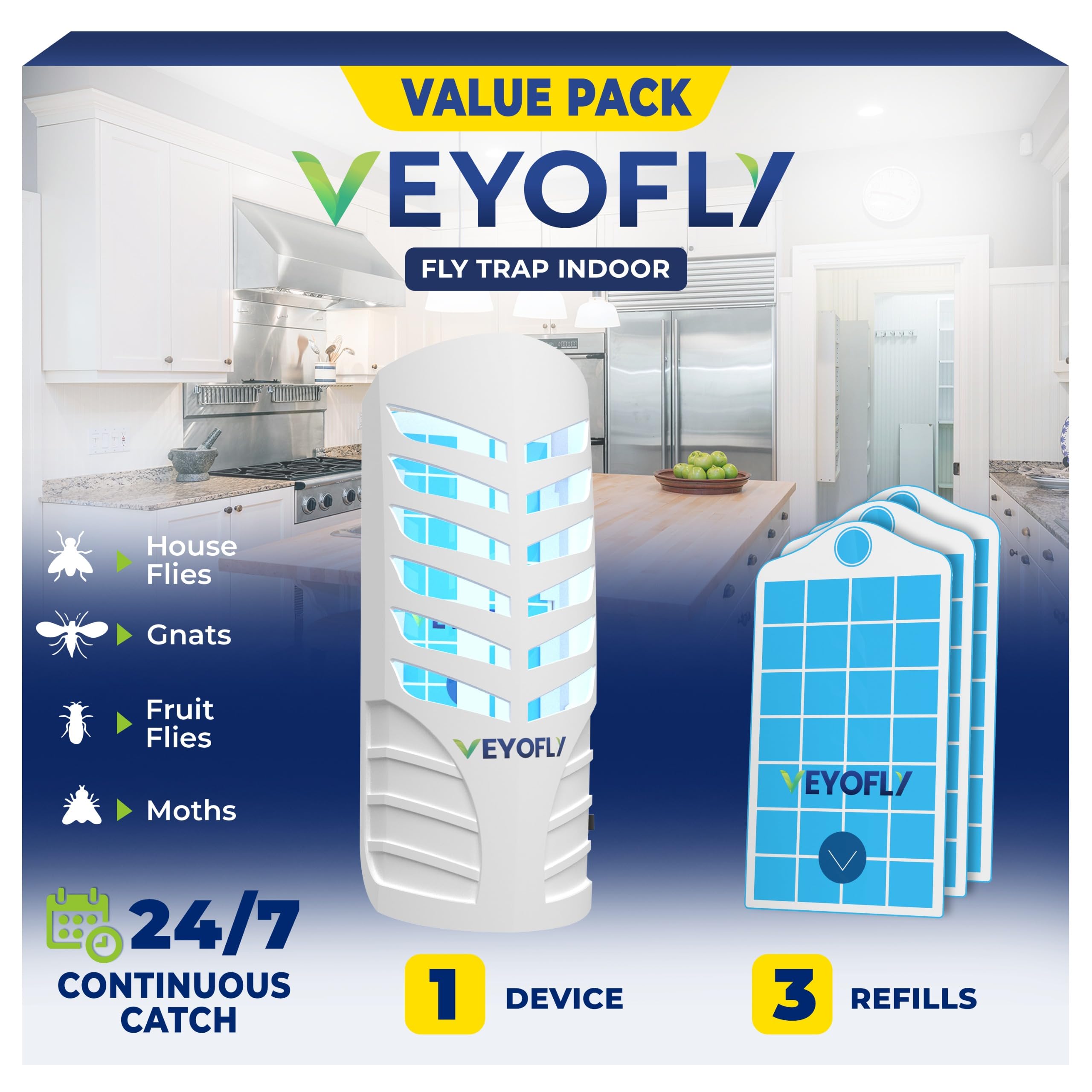 VEYOFLY Fruit Fly Trap Indoor (1 Device + 3 Refills), Gnat Catcher, Plug-in Light Insect Trap for House, Bug Killer