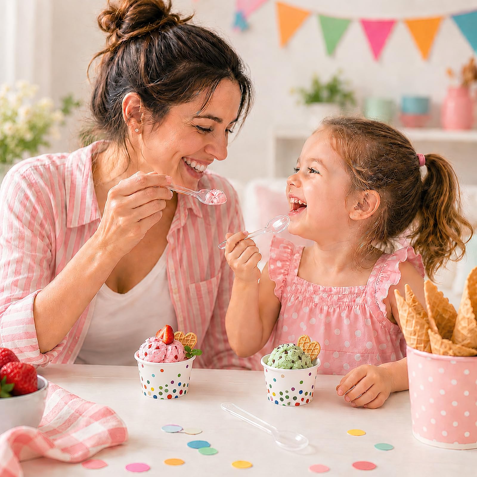 50 Stück Papier Eisbecher 165 ml mit Löffel, Bunte Ronde Muster Pappbecher Einweg Dessertbecher für Eis, Frozen Joghurt & Suppe, Auslaufsicher & Stabil, Pappgeschirr Set für Party (Bunte Punktmuster) Küche