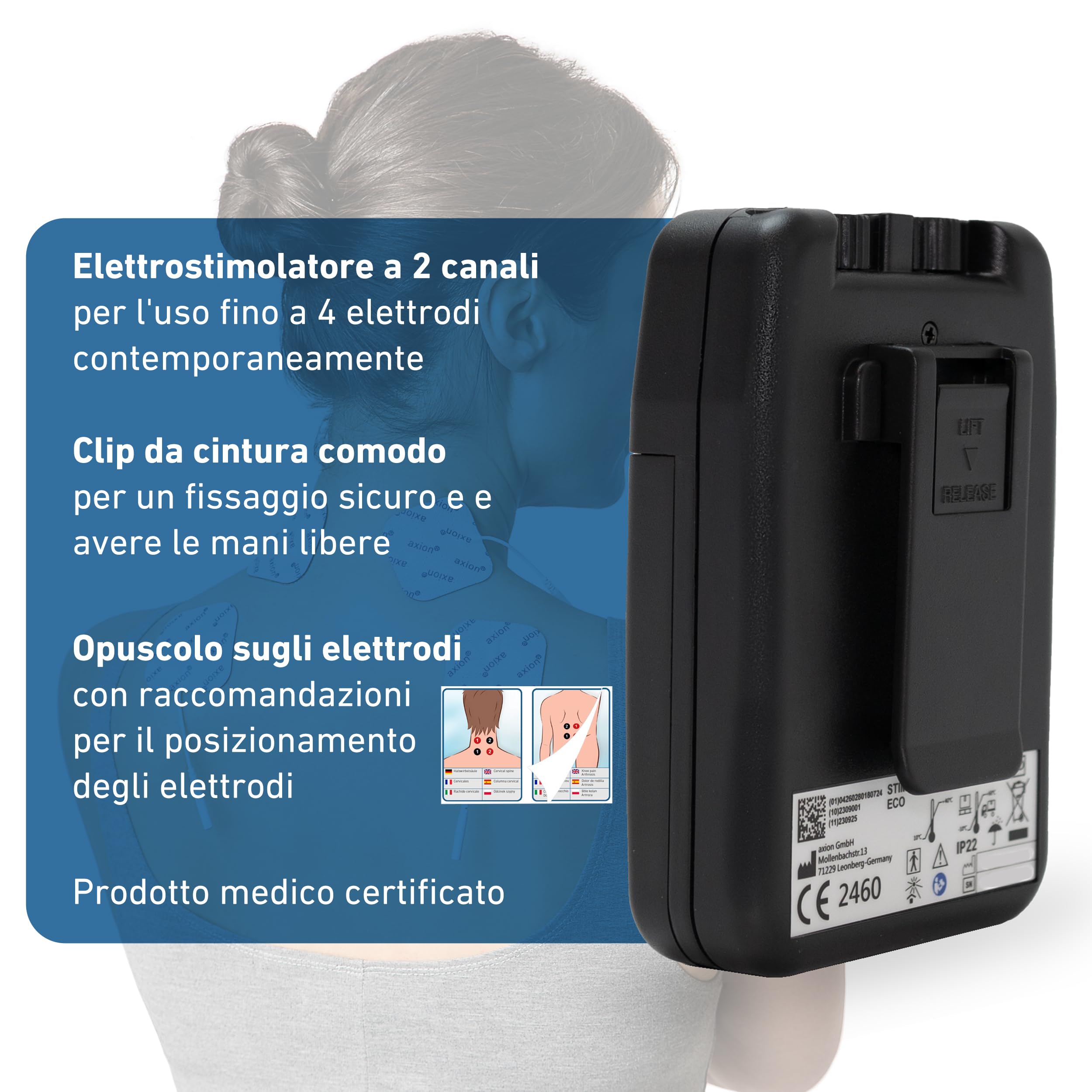 Dispositivo TENS a 2 canali STIM PRO ECO - Dispositivo TENS manuale compatto e potente per la terapia del dolore con 4 elettrodi da 5x5 cm - parametri regolabili - axion