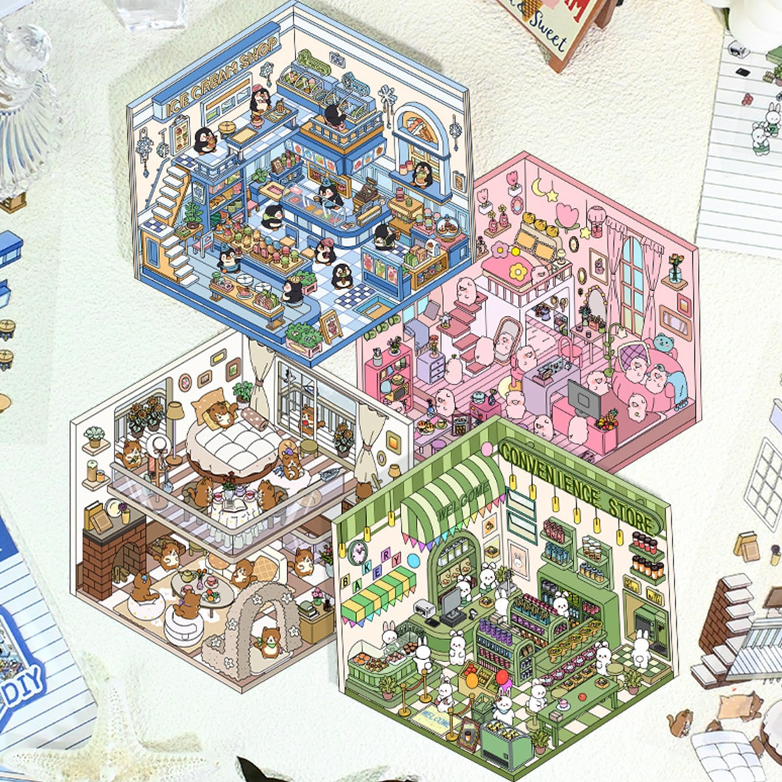 Set De 4 Pegatinas 3D De Escenas En Miniatura – Casas Y Paisajes DIY, Para Decorar Botellas, Móviles Y Cuadernos (Incluye Pinzas)