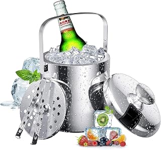 Ice Bucket,1.3L Stainless Steel Ice Bucket with Lid and Ice Tongs Double Wall Insulated Ice Bucket for Cocktail Ba,Party and Picnic