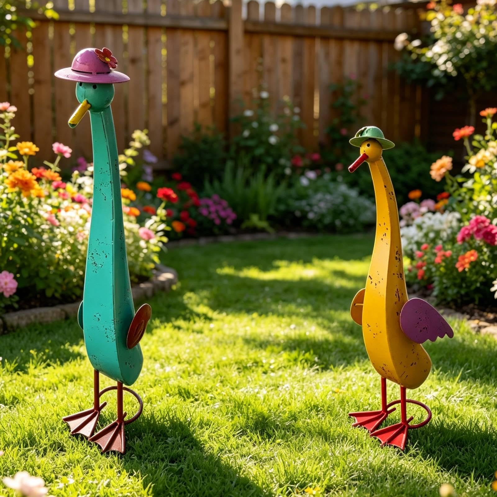 2 Stück Entenfigur Langhals Eisenstatue Gartendeko Figur Skulptur für Sammler Regal Terrasse Balkon Esstisch Innenbereich