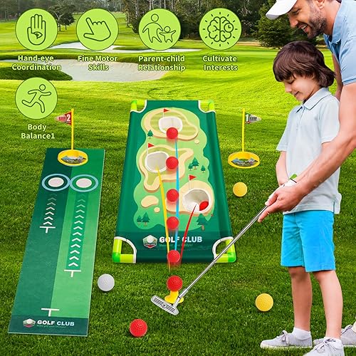 Miniatura 7 de Juego de palos de golf para niños pequeños, juguetes de golf mejorados, juego de golf ajustable para niños pequeños con tarjeta de puntuación, bolsa