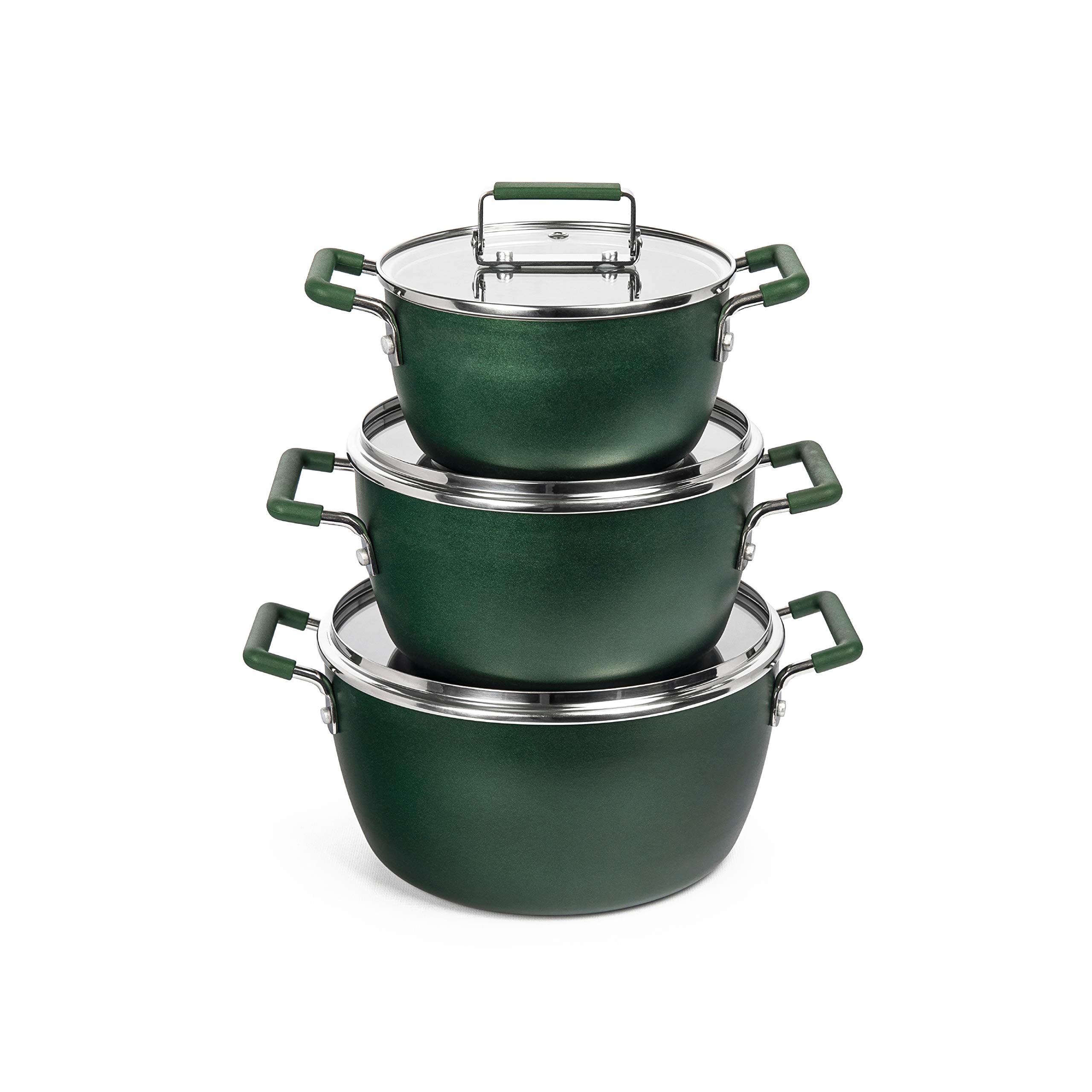 Granitestone Granite Stone 6 Piece Non-stick Nesting Pots, Ultra Durable Mineral and Diamond Triple Coated Surface, Space Saving Cookware, Dishwasher Safe, Green