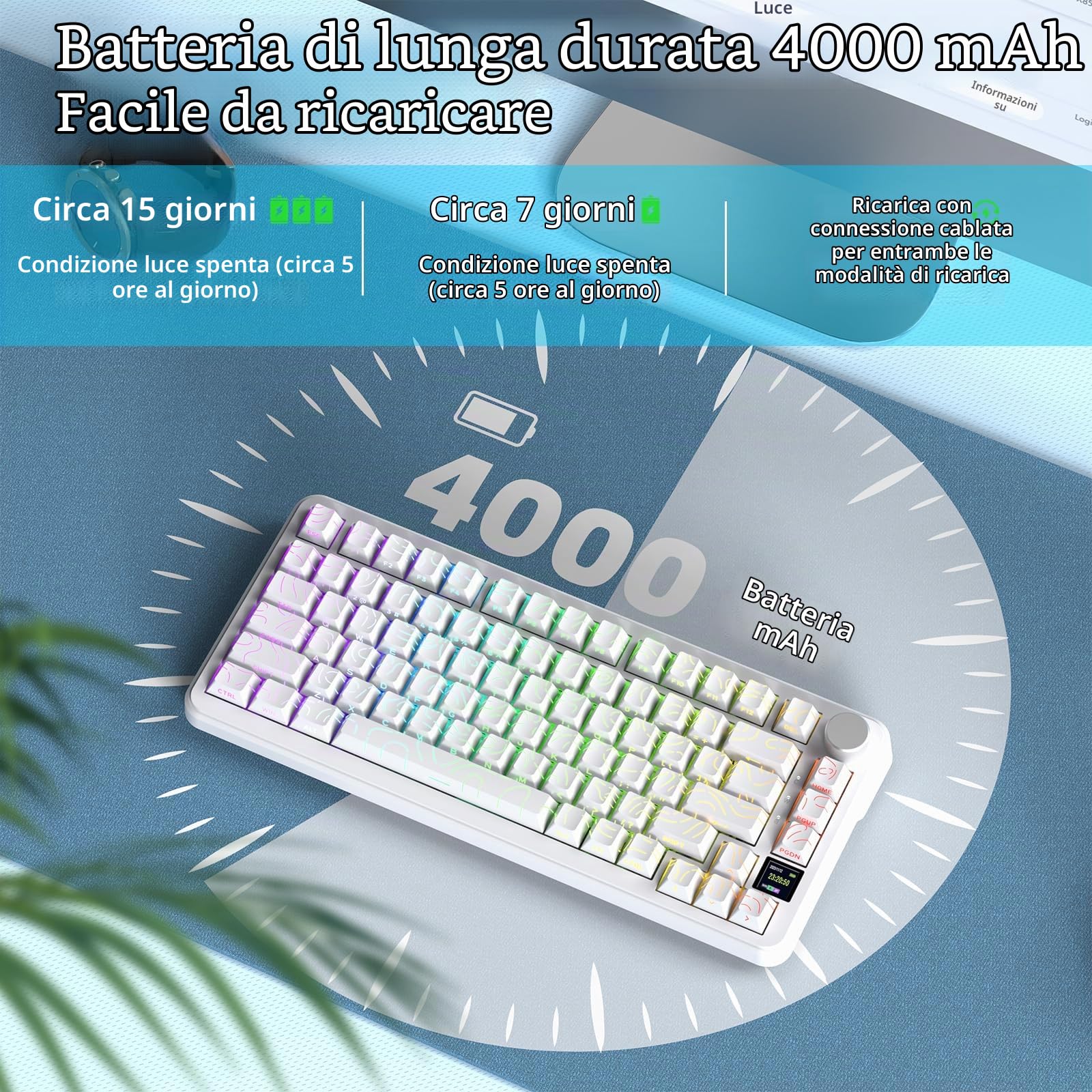 ATTACK SHARK X85PRO Tastiera Meccanica Wireless con Display TFT e Manopola, Tastiera da Gioco Montata su Guarnizione 75% QMK, 2.4G/BT/USB-C Cablata, Sostituibile a Caldo,4000mAh,RGB (Bianco)