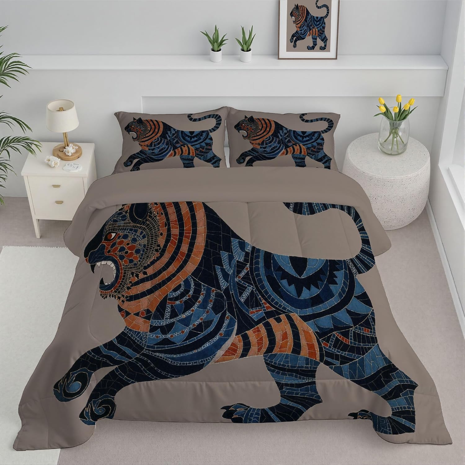 Kids 68" x 86" Coverless Duvet for All Seasons, Reversible Washable 2 Quilt with Stripes Animals Patterns, Brown Comforter with 1 Pillowcases 50x75cm, Twin