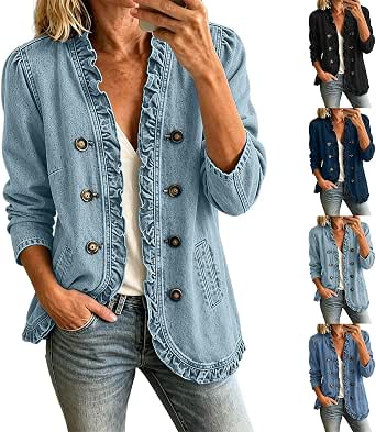 Women's Military Denim Jacket with Ruffle Button - Western Napoleon Style