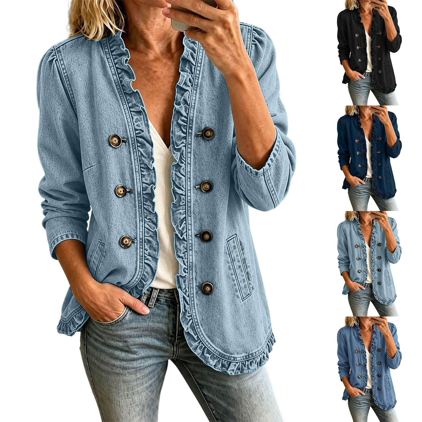 Generisch Jeansjacke Damen mit Rüschenbesatz, Langarm Denim Freizeitjacke Dünne Elegant Übergangsjacke, Button Up Jeanshemd für Frühling Herbst Winter