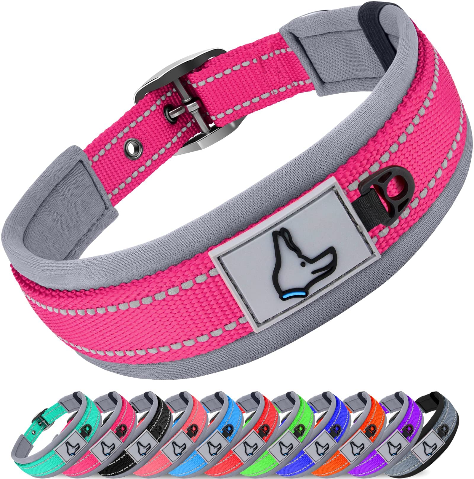 Joytale Reflective Dog Collar Large Dogs | Ultra Comfy Soft Neoprene Padded | Heavy Duty Metal Belt Buckle, Hotpink