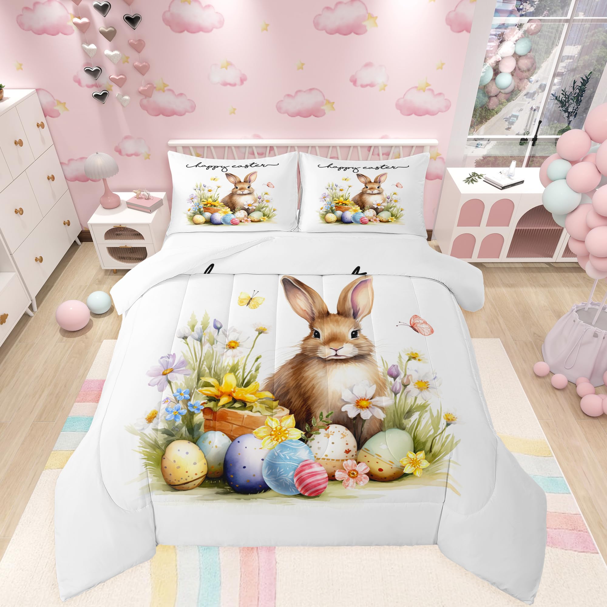 Homewish Cute Rabbit Comforter Set King Size,Happy Easter Quilt Watercolor Egg Floral Bedding 3Pcs for Kids Girls Women Teens Room Decor,Nature Animals Plants Spring Duvet Insert,2 Pillowcases