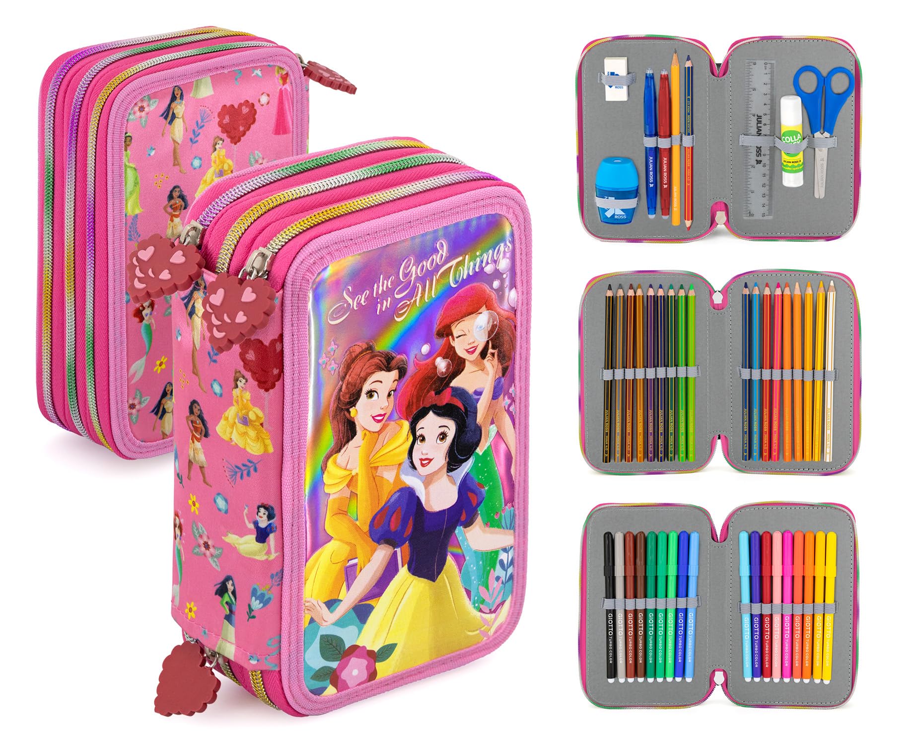 Plumier Triple 45 Piezas para Disney Princesas Fan – Estuche Escolar Completo con Bolígrafos Gel Borrables, Lápices 4.0 mm, Rotuladores, Tijeras, Pegamento – Ideal Primaria y Regalo niña Clondo