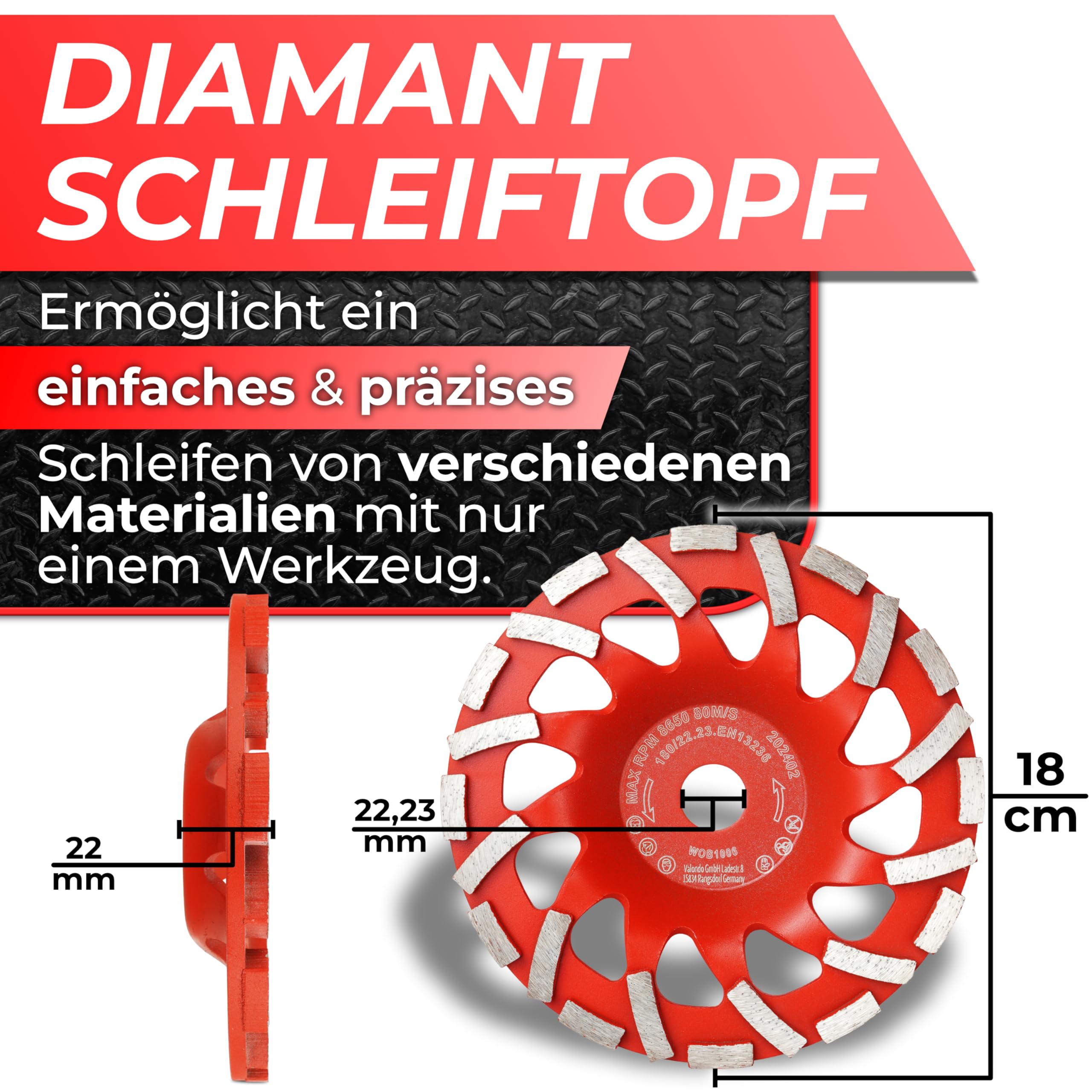 Woltersberger® Mola diamantata 180 mm x 22,23 mm piatto abrasivo per lavori di levigatura calcestruzzo e materiali da costruzione duri come granito e pietra naturale